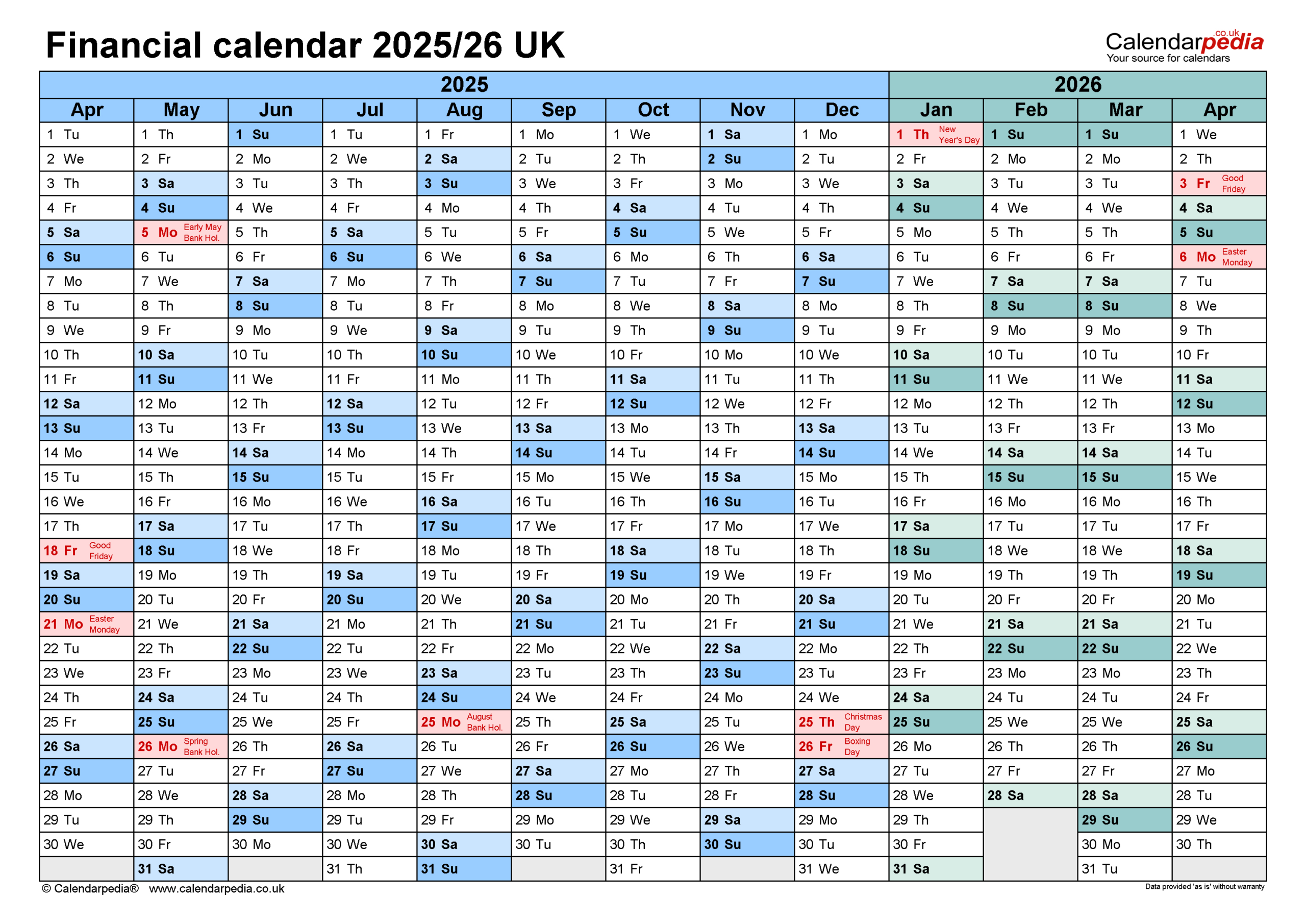 Financial Calendars 2025/26 Uk In Pdf Format | Fiscal Calendar 2025 Printable