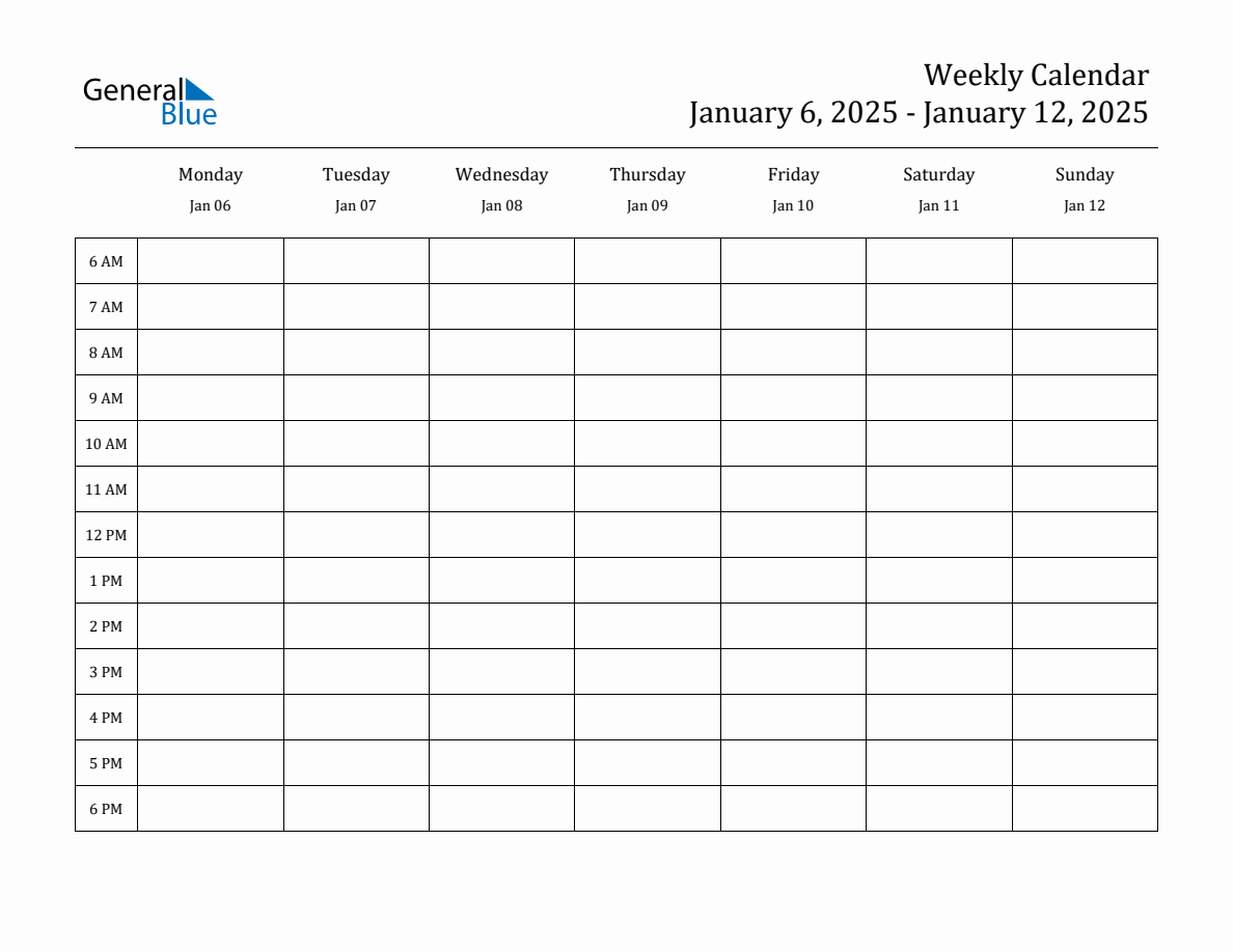 Hourly Planner Template For The Week Of January 6, 2025 | Calendar 2025