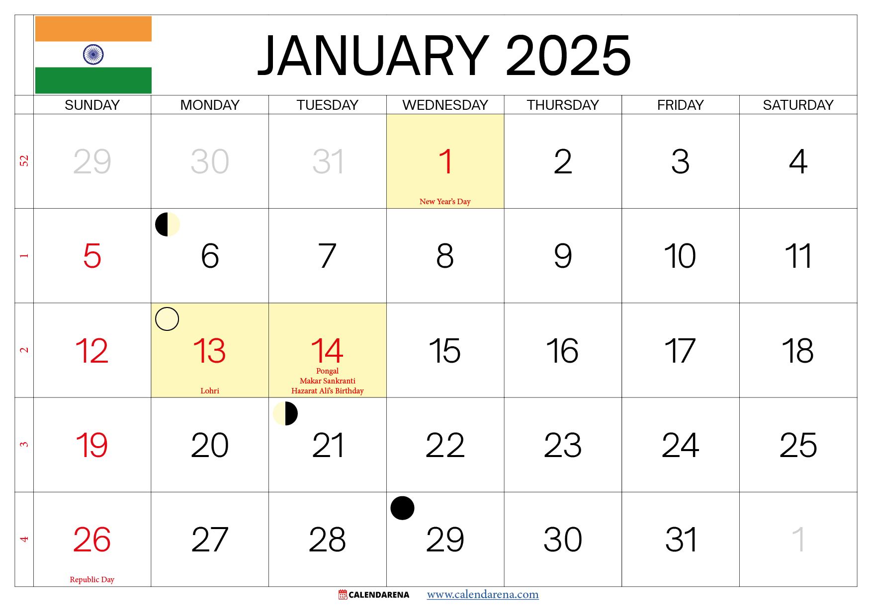 January 2025 Calendar India | January 2025 Calendar With Indian Holidays Printable