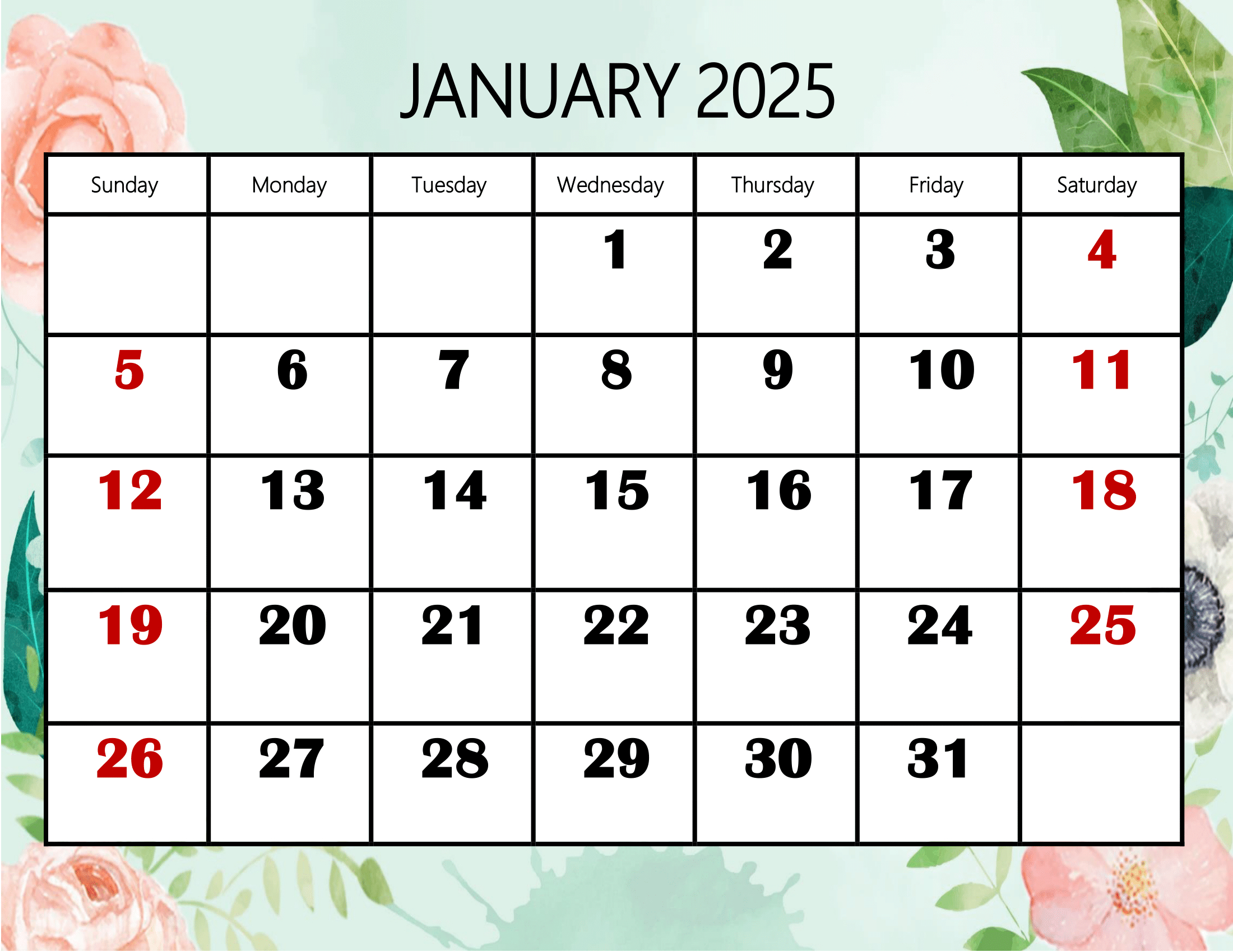 January 2025 Calendar Printable Pdf Template With Holidays | Jan 2025 Calendar With Holidays Printable