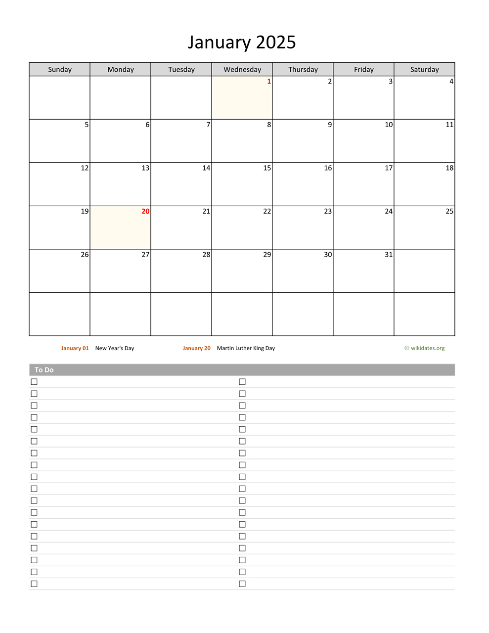 January 2025 Calendar With To-Do List | Wikidates | Calendar 2025