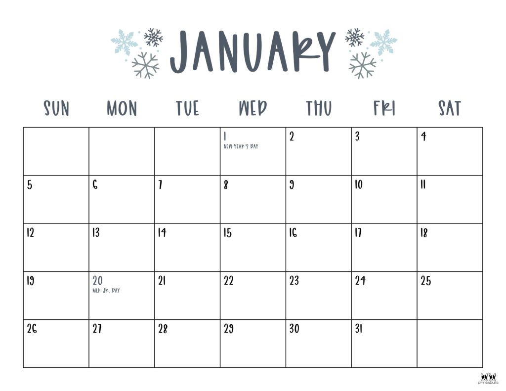 January 2025 Calendars - 107 Free Printables | Printabulls | 2025 Printable Monthly Calendar with Holidays