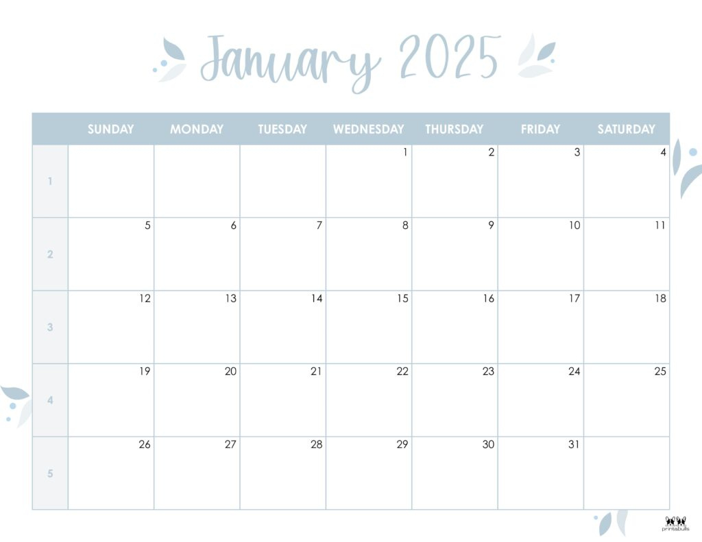 January 2025 Calendars - 107 Free Printables | Printabulls | Cute January 2025 Calendar Printable