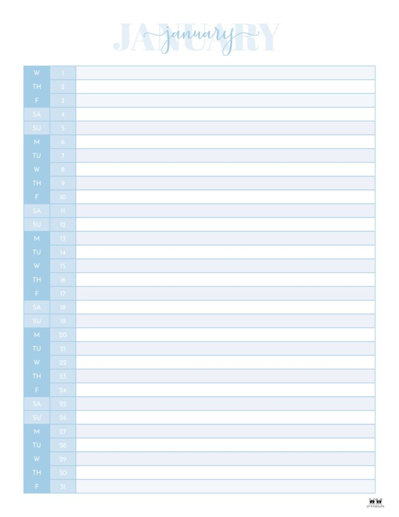 January 2025 Calendars - 107 Free Printables | Printabulls | January 2025 Hourly Calendar Printable