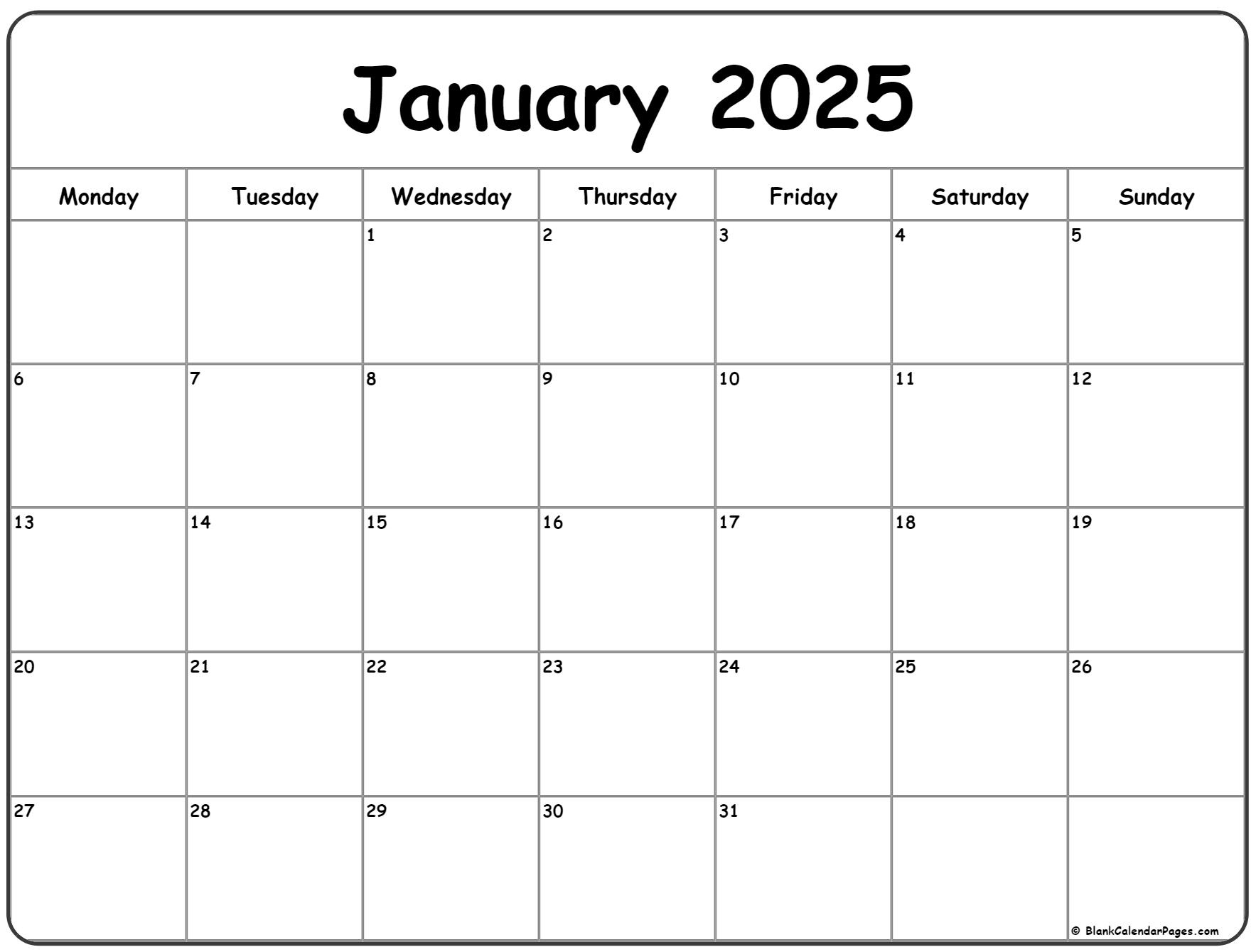 January 2025 Monday Calendar | Monday To Sunday | 2025 Calendar Printable Monday Start