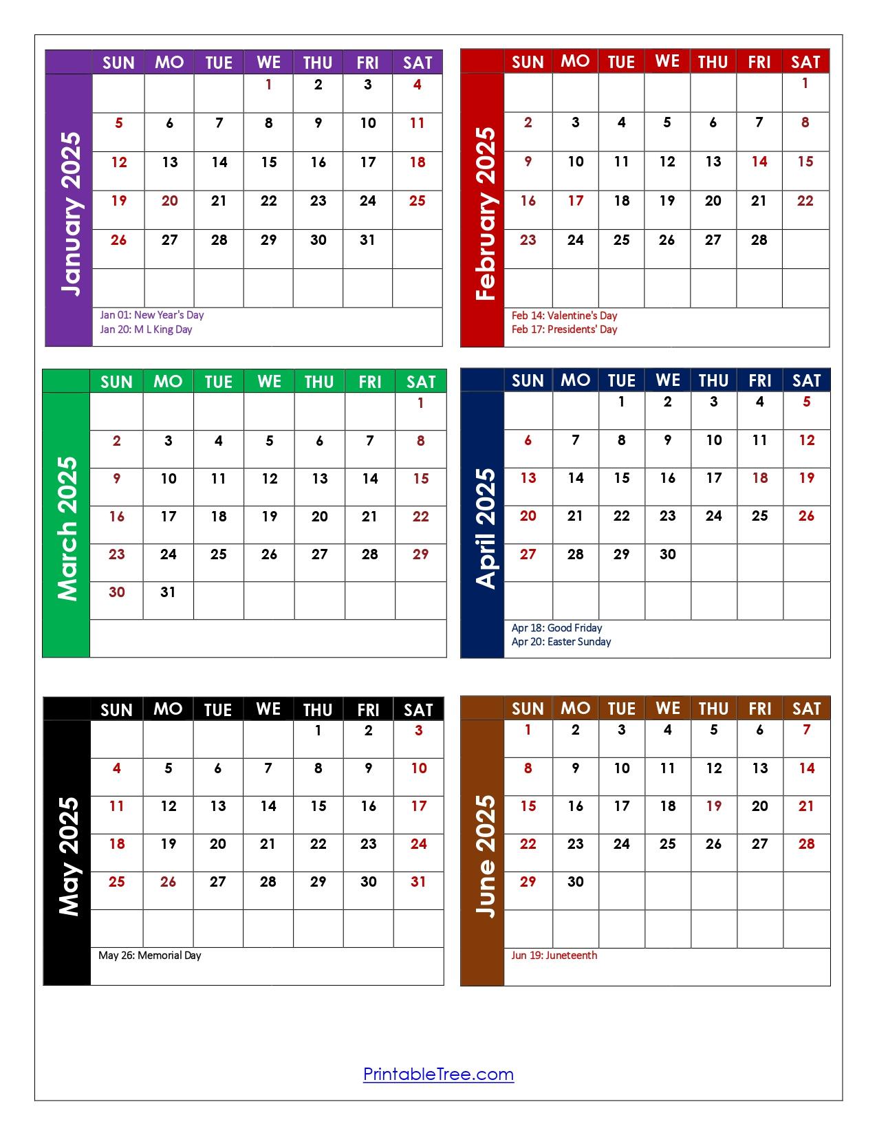 January To June 2025 Calendar Printable Pdf | Si Months Calendar | January 2025 To June 2025 Calendar Printable