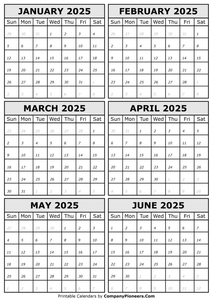 January To June 2025 Calendar Printable | Calendar 2025