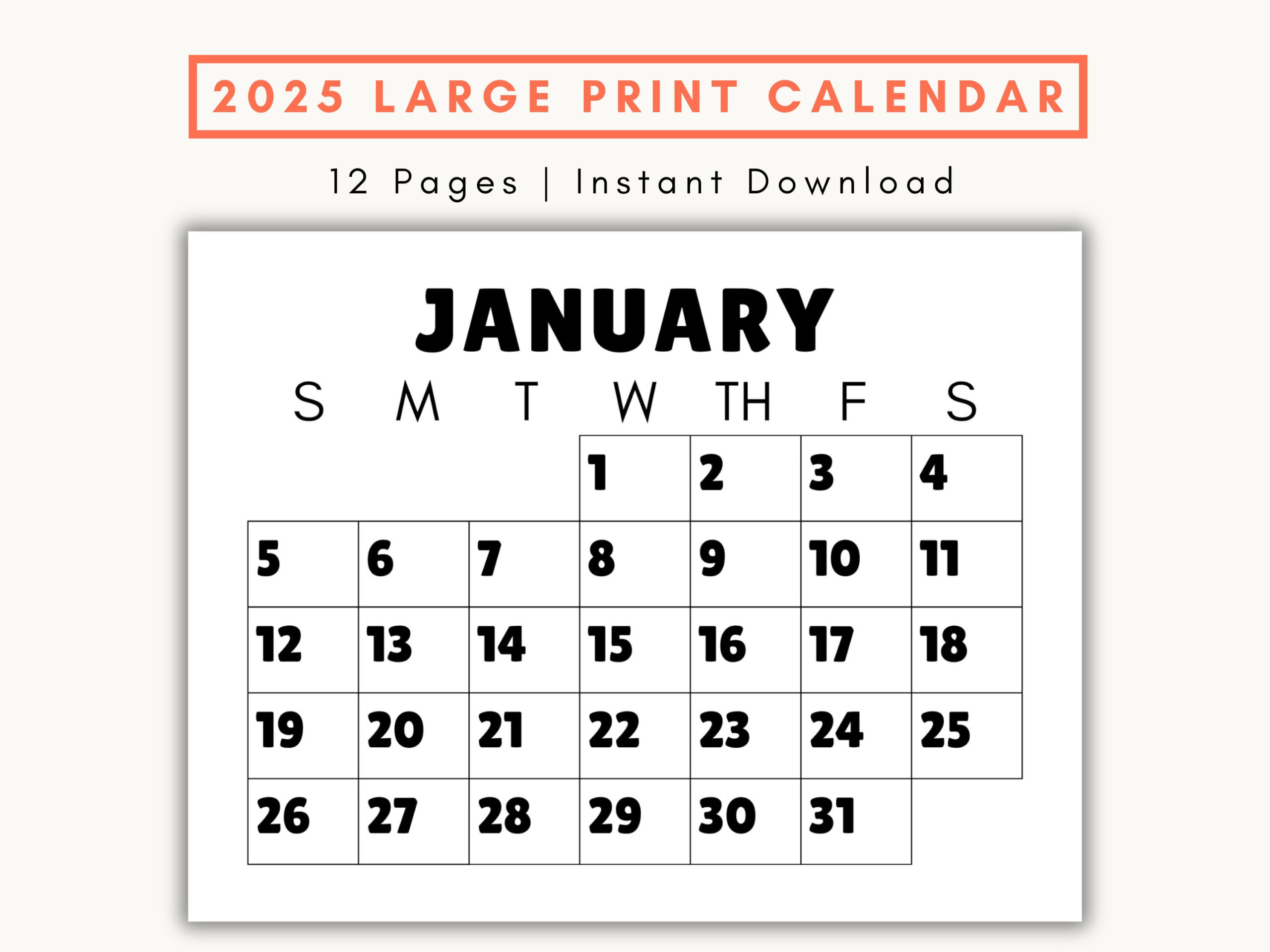 Large Print Monthly Calendar, 2025, Senior Citizen Calendar With | Large 2025 Calendar Printable