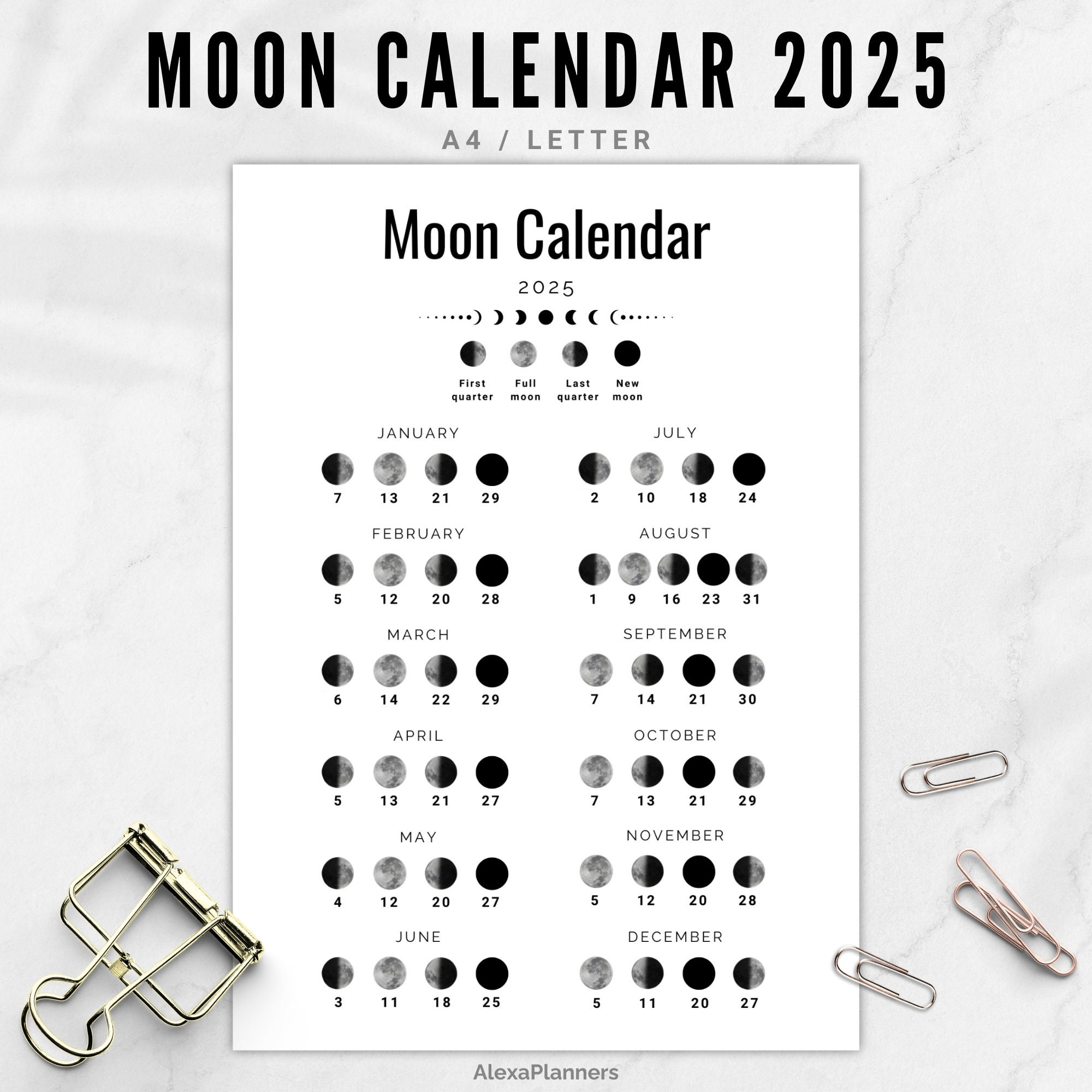 Moon Phase Calendar 2025, A4 / Letter Size Lunar Calendar - Etsy | 2025 Full Moon Calendar Printable