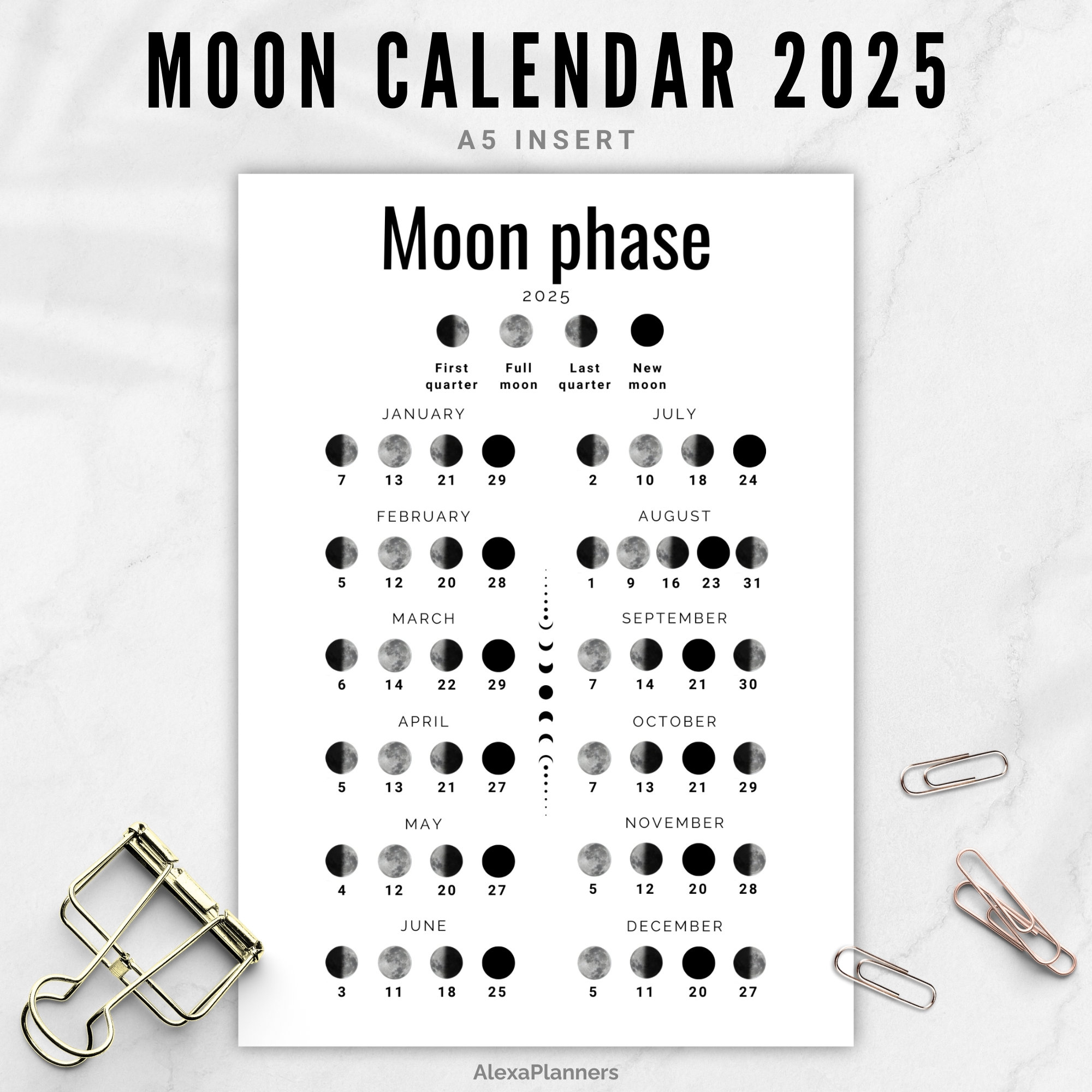 Moon Phase Calendar 2025, Lunar Calendar, A5 Planner Inserts - Etsy | Calendar 2025