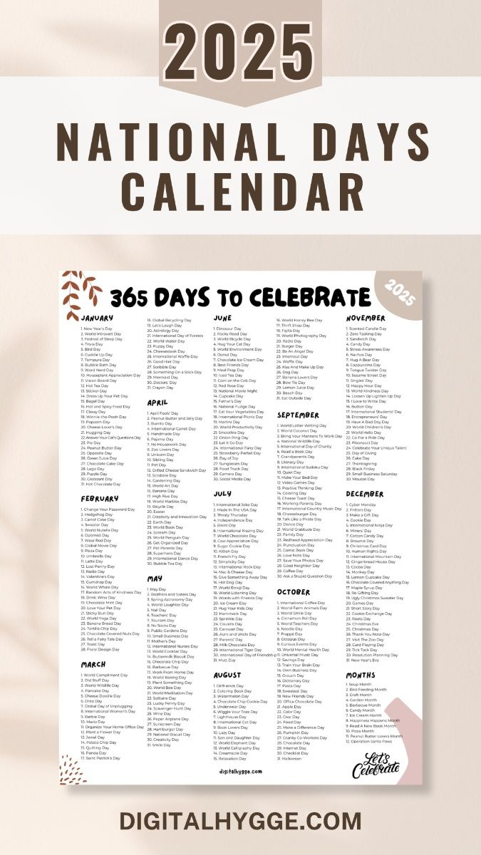 National Days And Holidays 2025 Printable Pdf | National Day Calendar 2025 Printable Free