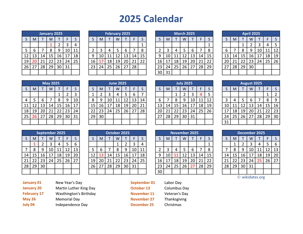 Pdf Calendar 2025 With Federal Holidays | Wikidates | 2025 Calendar with Federal Holidays Printable