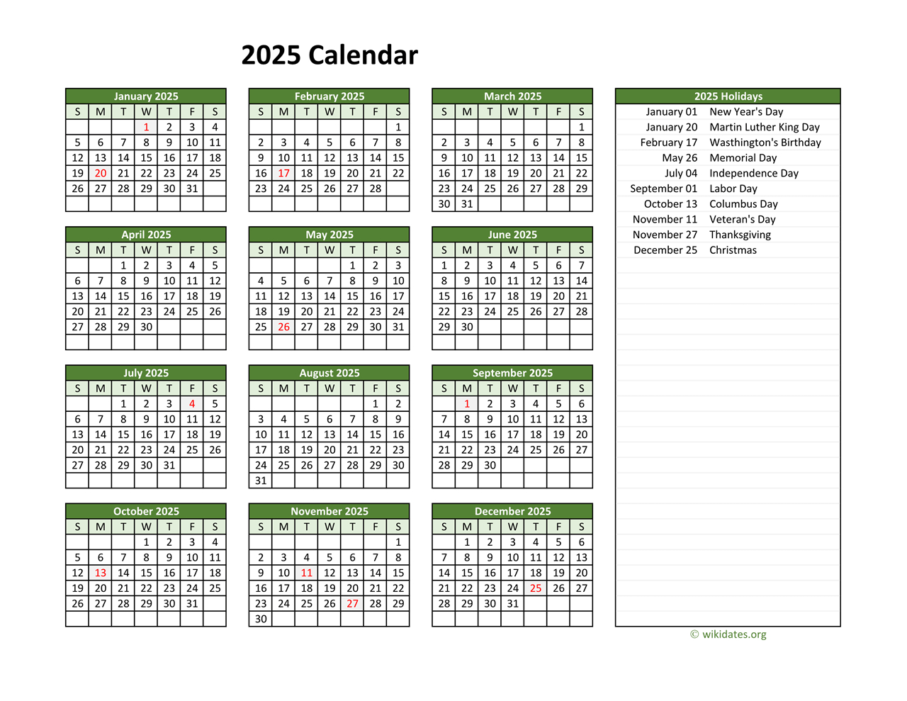 Printable 2025 Calendar With Federal Holidays | Wikidates | 2025 Calendar with Federal Holidays Printable