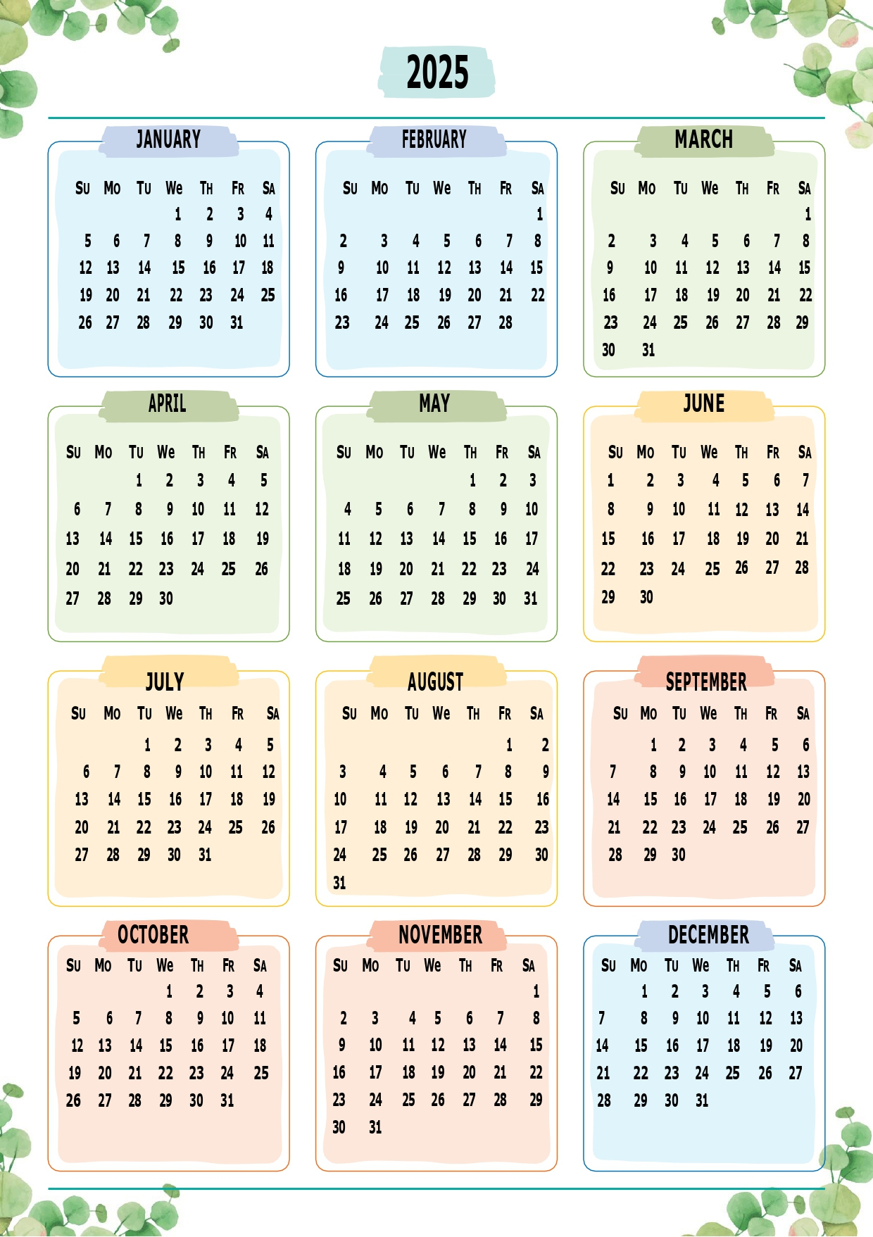 Printable Calendar 2025 One Page With Holidays (Single Page) 2025 | 2025 12 Month Calendar On One Page Printable