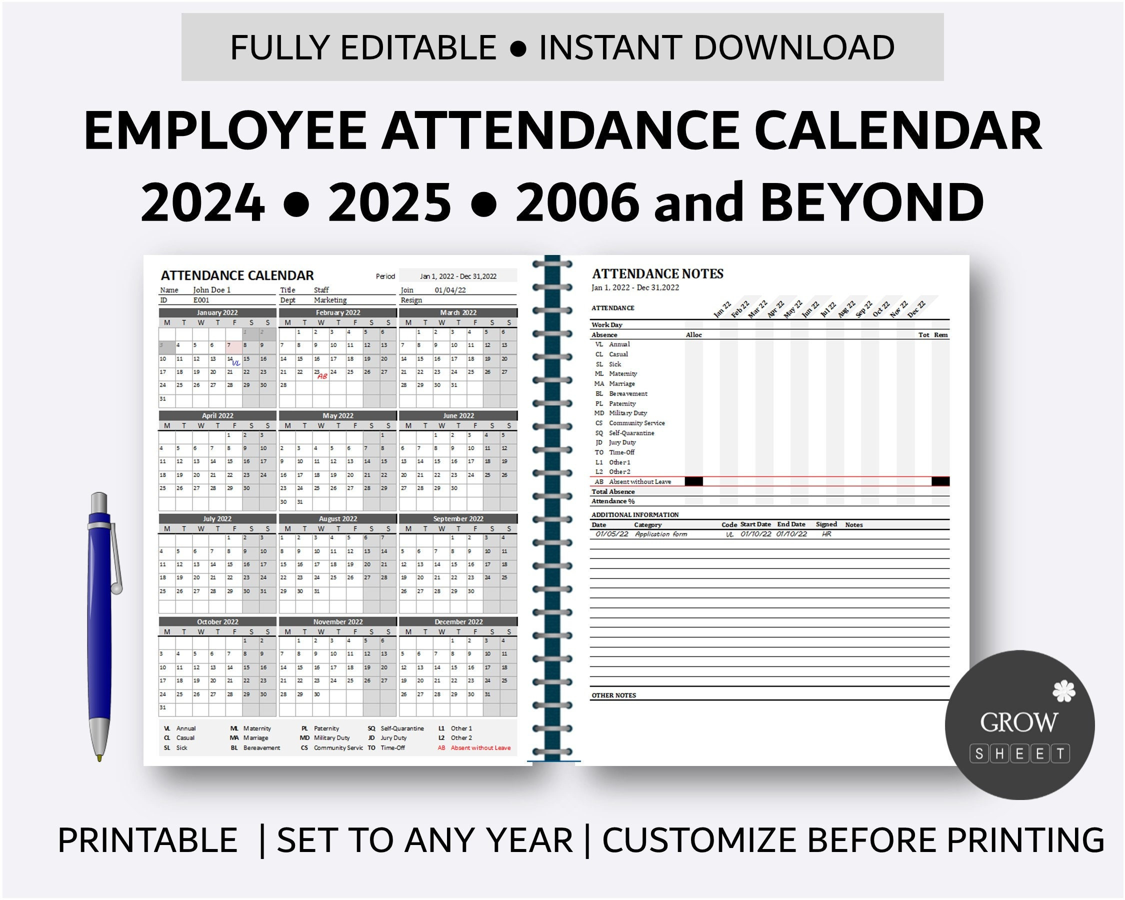 Printable Employee Attendance Calendar Custom Attendance Calendar | Employee Attendance Calendar 2025 Printable