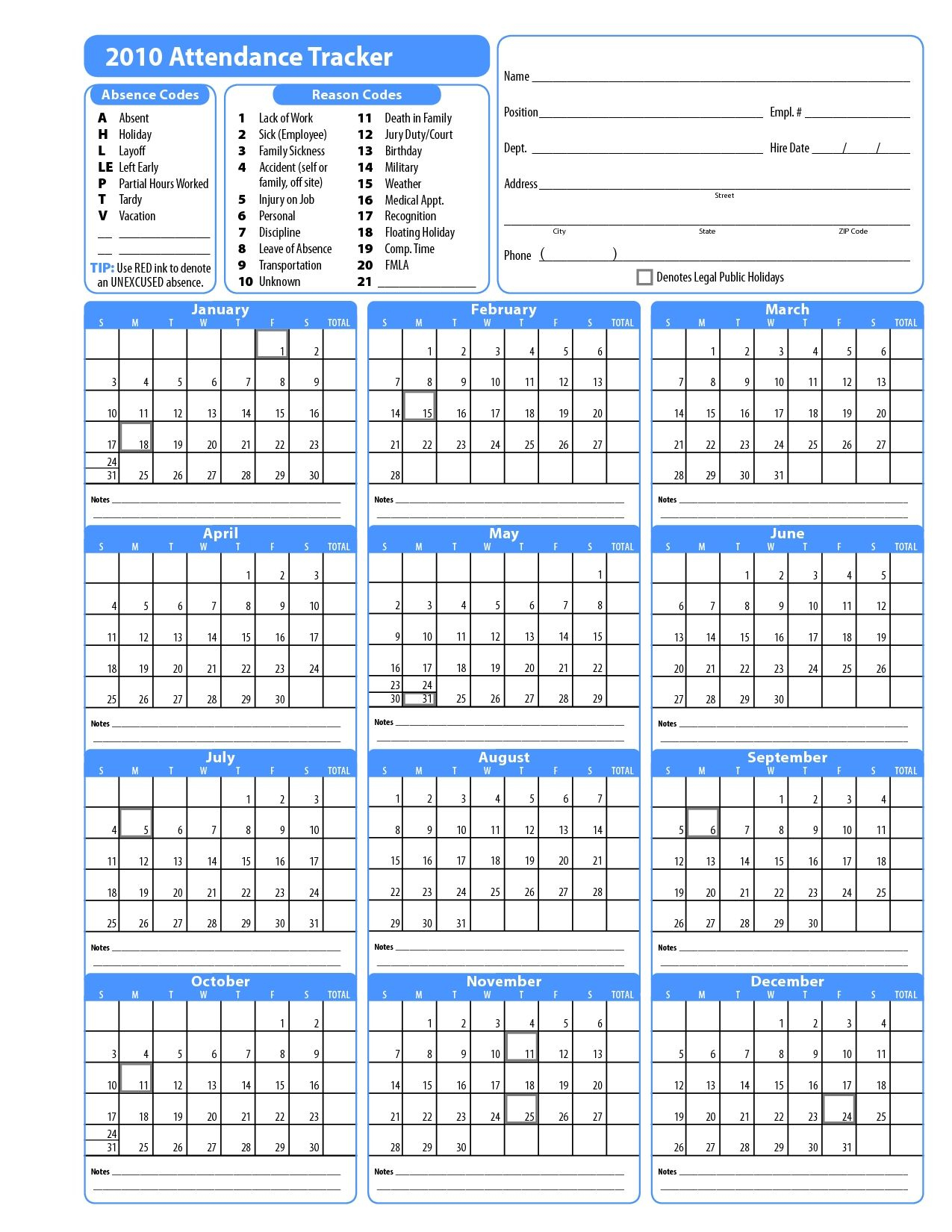 Printable Employee Attendance Calendar Template | 2025 Employee Attendance Calendar Printable Free Download