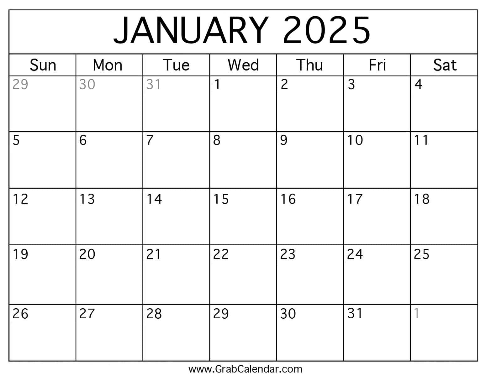 Printable January 2025 Calendar | 2025 January Calendar Printable