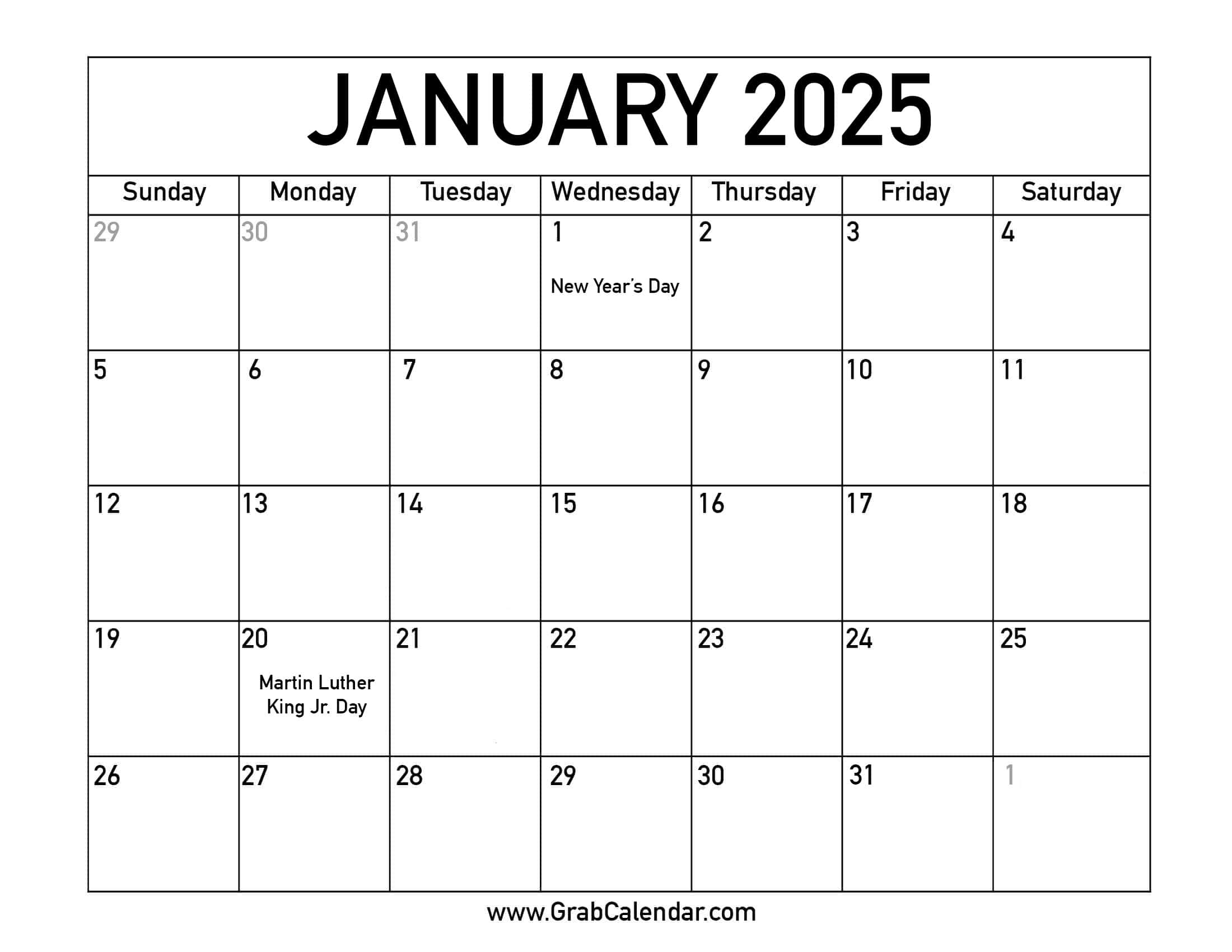 Printable January 2025 Calendar | Calendar 2025