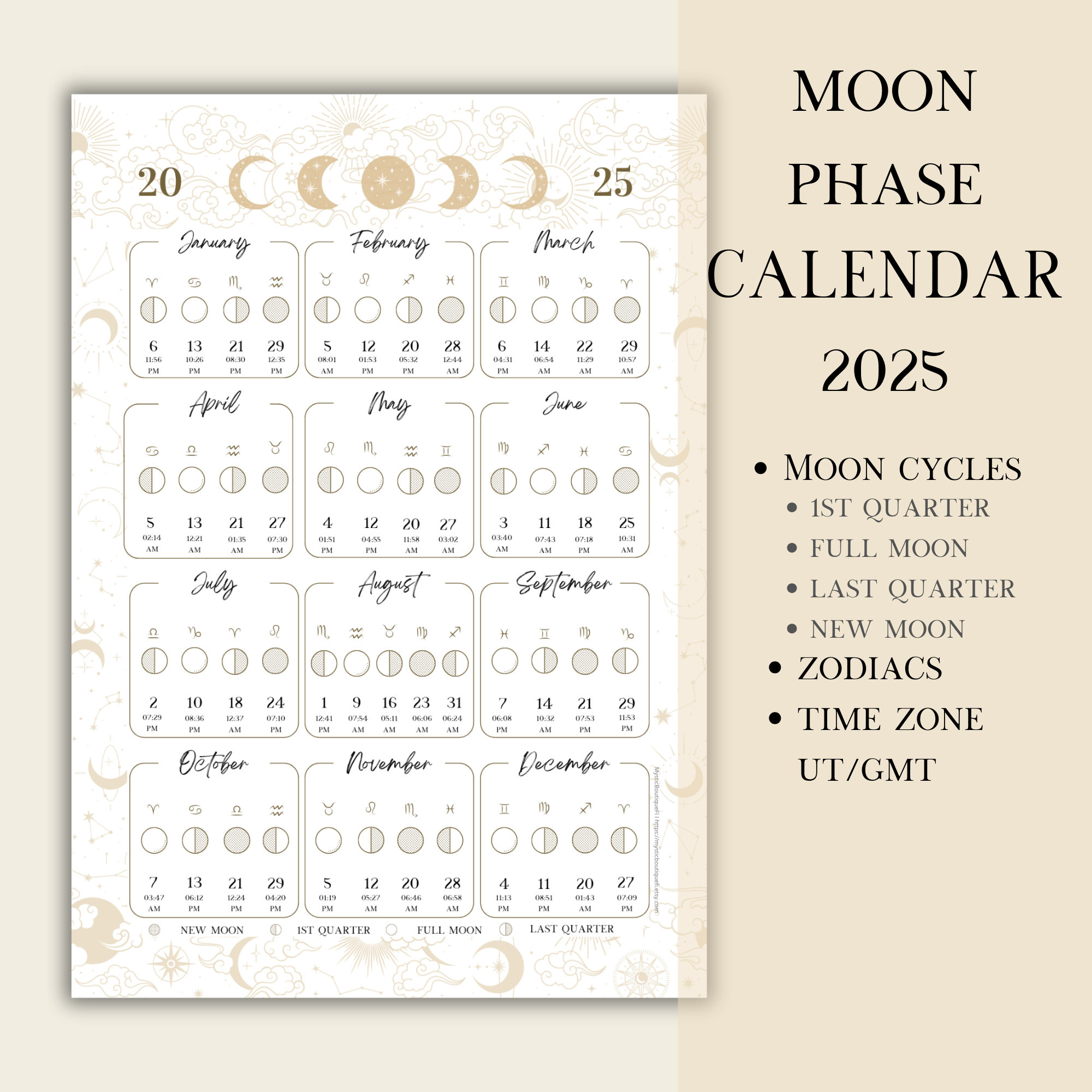 Printable Pdf Lunar Calendar, Moon Phase Calendar 2025 - Etsy | 2025 Full Moon Calendar Printable