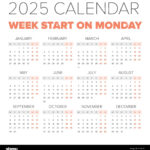 Simple 2025 Year Calendar, Week Starts On Monday Stock Vector | 2025 Calendar Printable Monday Start