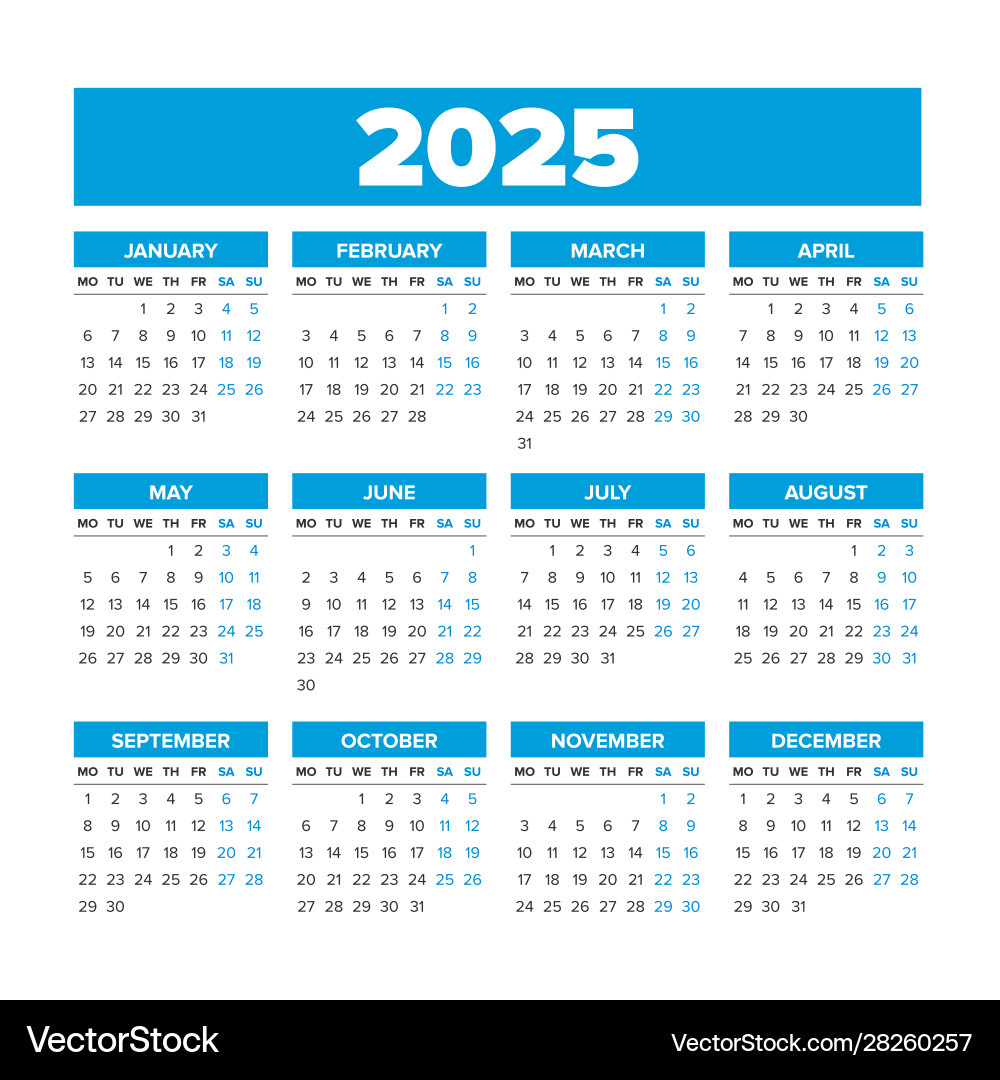 Simple Calendar 2025 Weeks Start On Monday Vector Image | 2025 Calendar Printable Monday Start