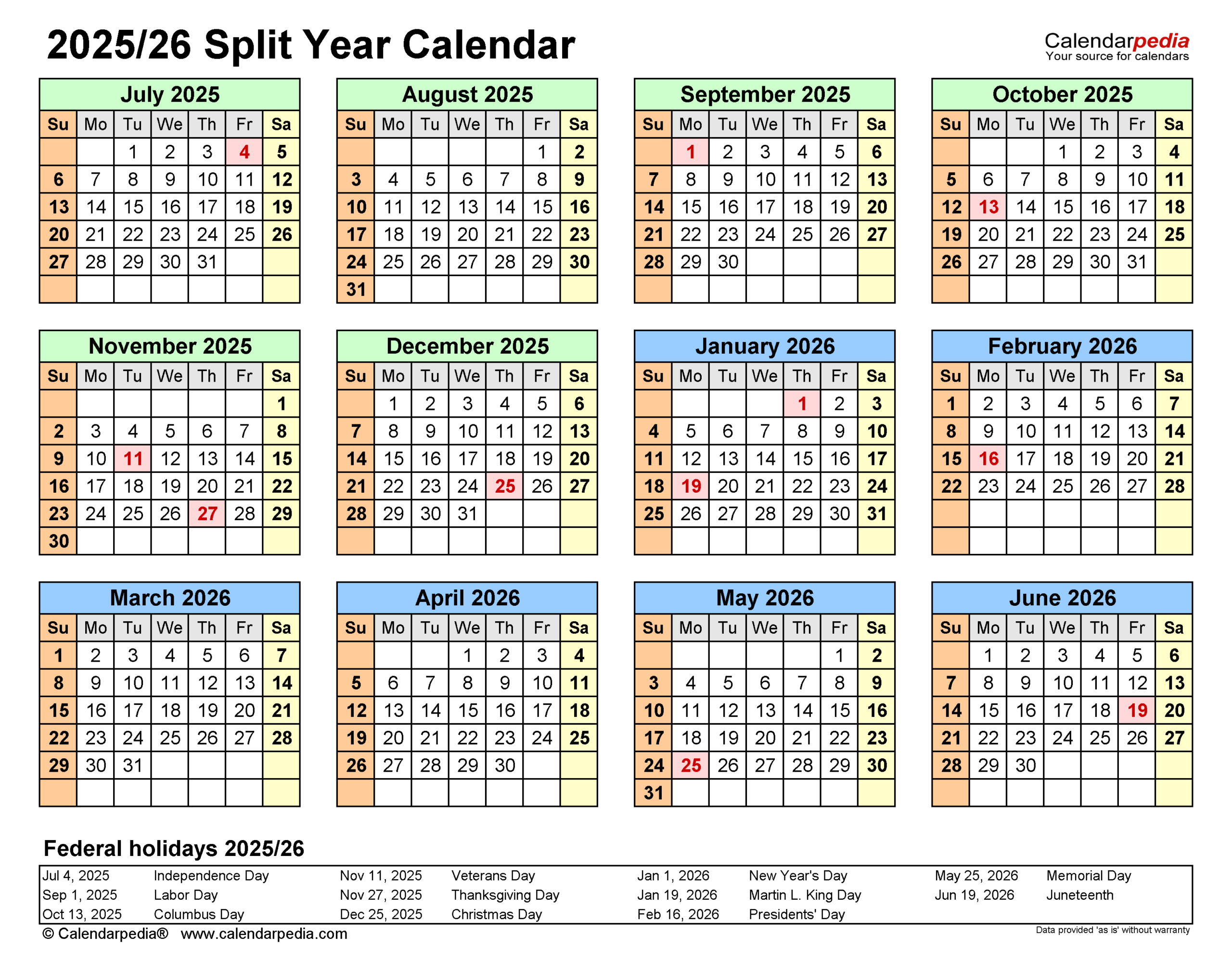 Split Year Calendars 2025/2026 (July To June) - Pdf Templates | 2025 and 2026 Calendar with Holidays Printable Free