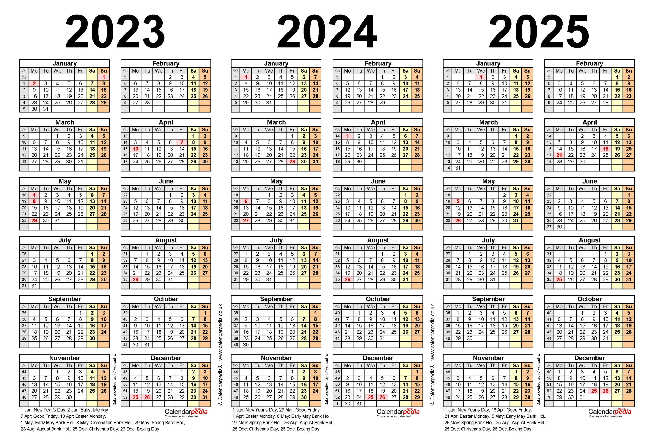 Three Year Calendars For 2023, 2024 &amp;amp; 2025 (Uk) For Pdf | 3 Year Calendar 2023 to 2025 Printable