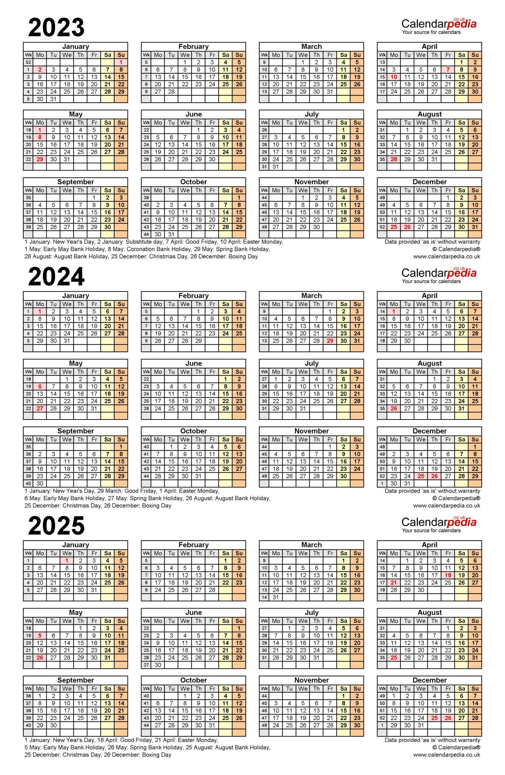 Three Year Calendars For 2023, 2024 &amp;amp; 2025 (Uk) For Pdf | Calendar 2025