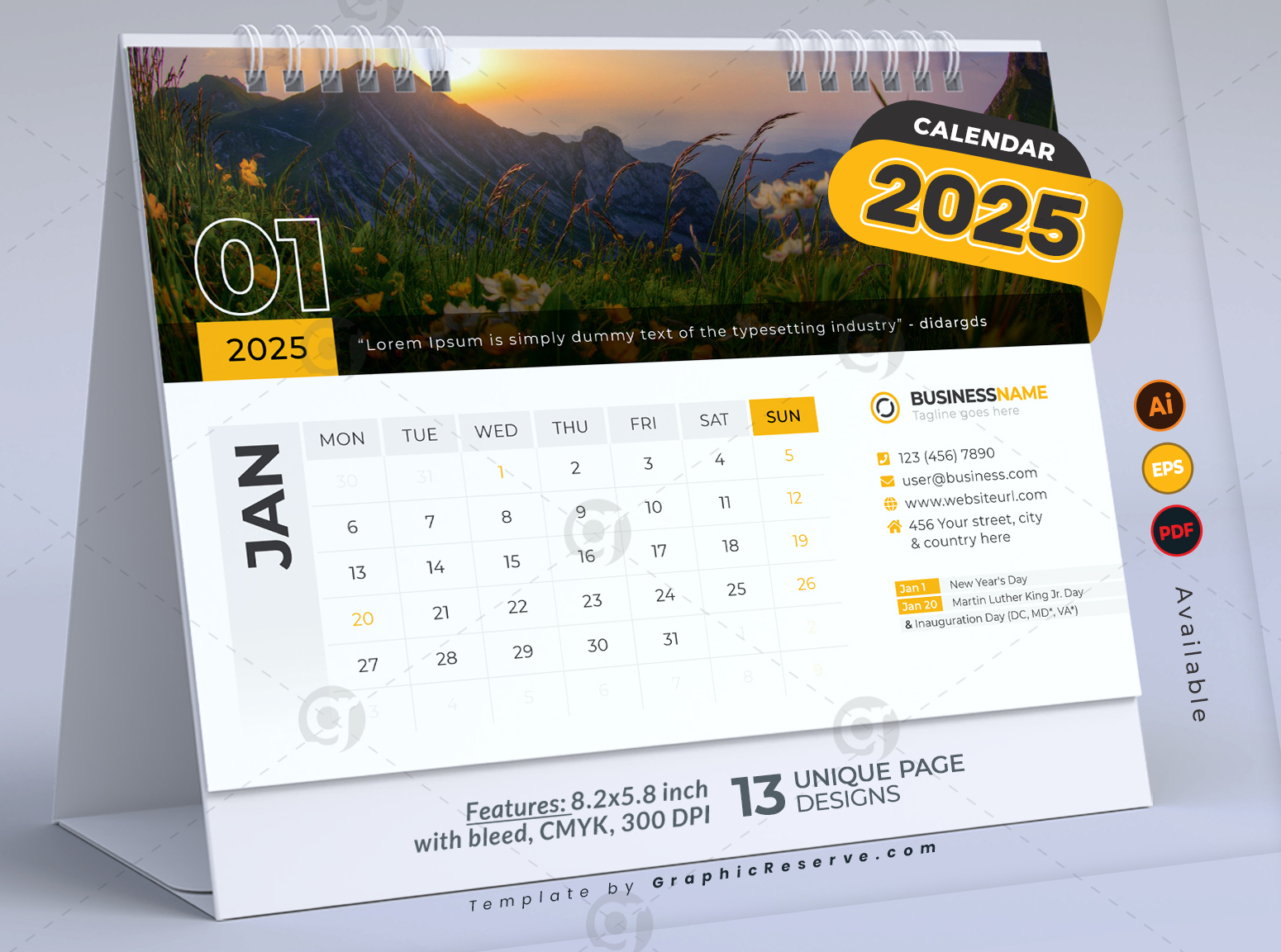 Tischkalender 2025, Vorlagendesign, Band 01 (Adobe Illustrator) – Graphic Reserve | Calendar 2025