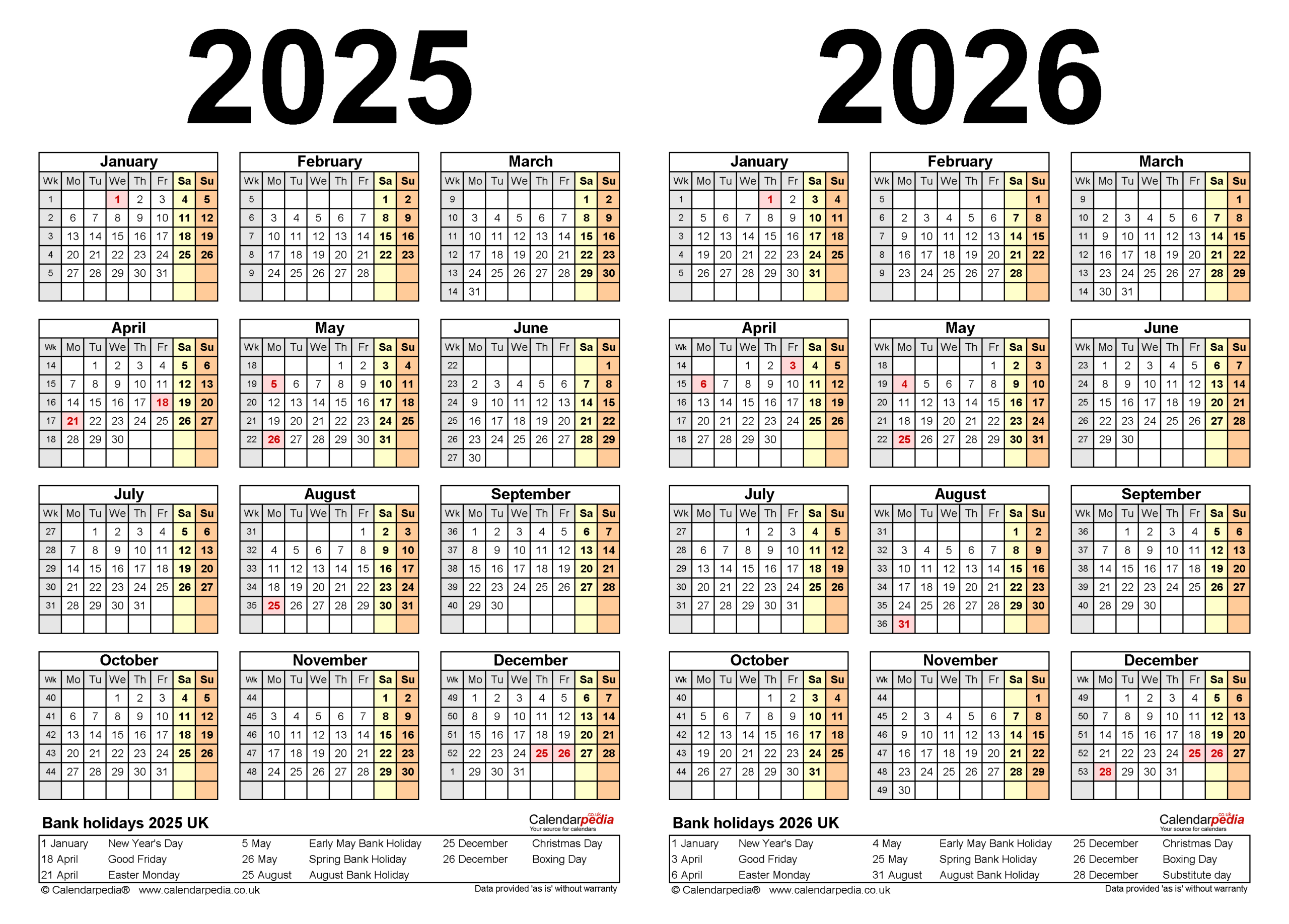 Two Year Calendars For 2025 And 2026 (Uk) For Pdf | Printable Calendar 2025 and 2026