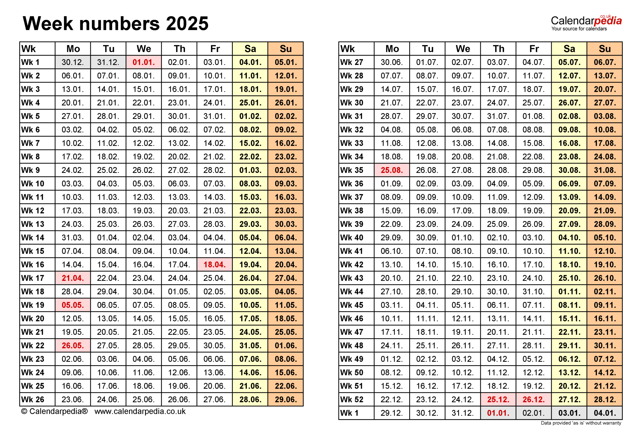 Week Numbers 2025 With Excel, Word And Pdf Templates | 2025 Calendar with Week Numbers Printable