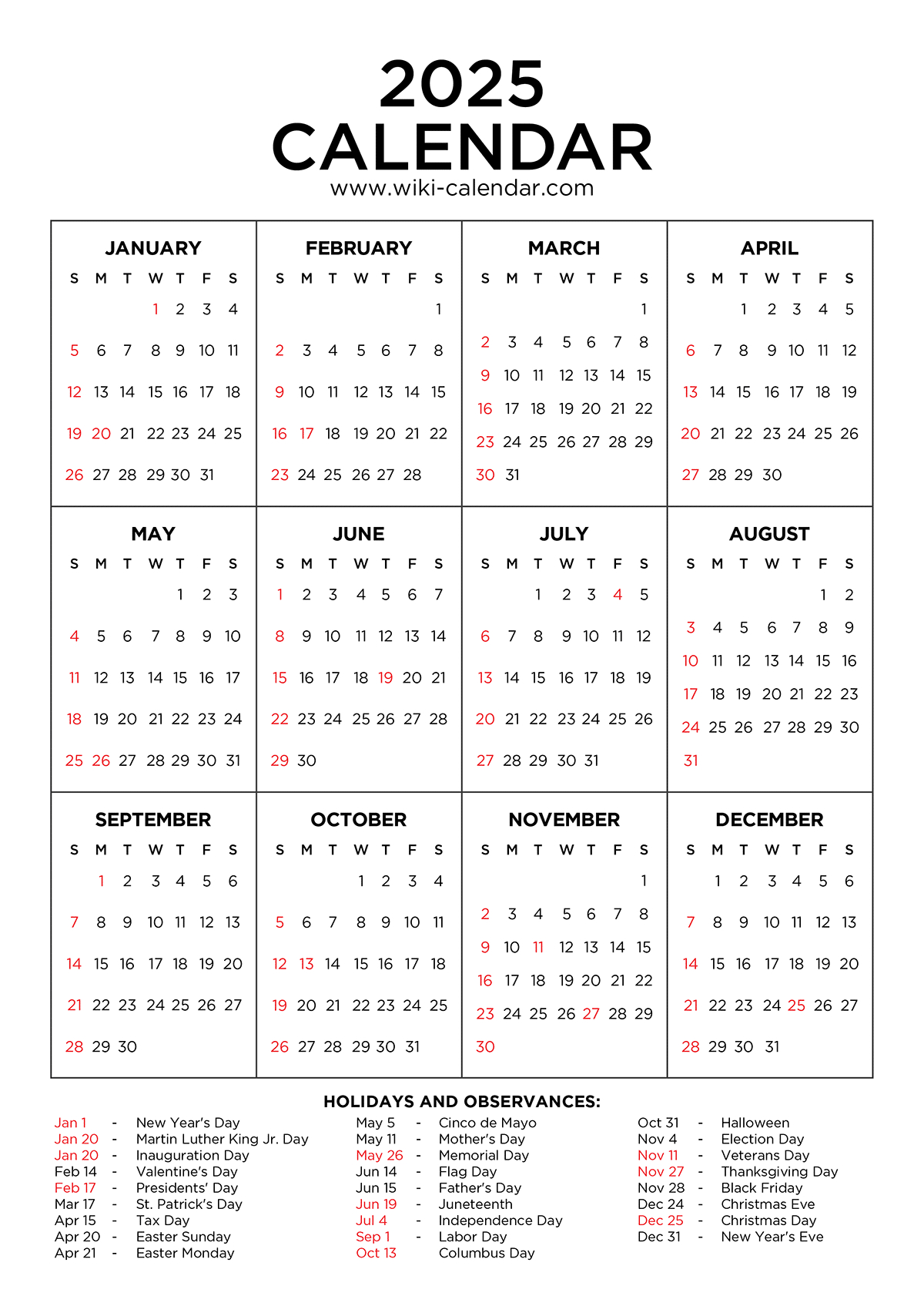 Year 2025 Calendar Printable With Holidays - Wiki Calendar | 2025 Calendar Printable Wiki