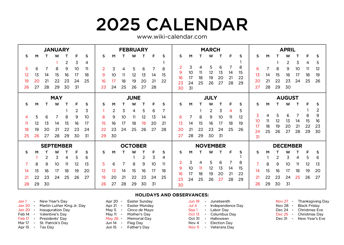 Year 2025 Calendar Printable With Holidays - Wiki Calendar | Wiki Calendar 2025 Printable Free