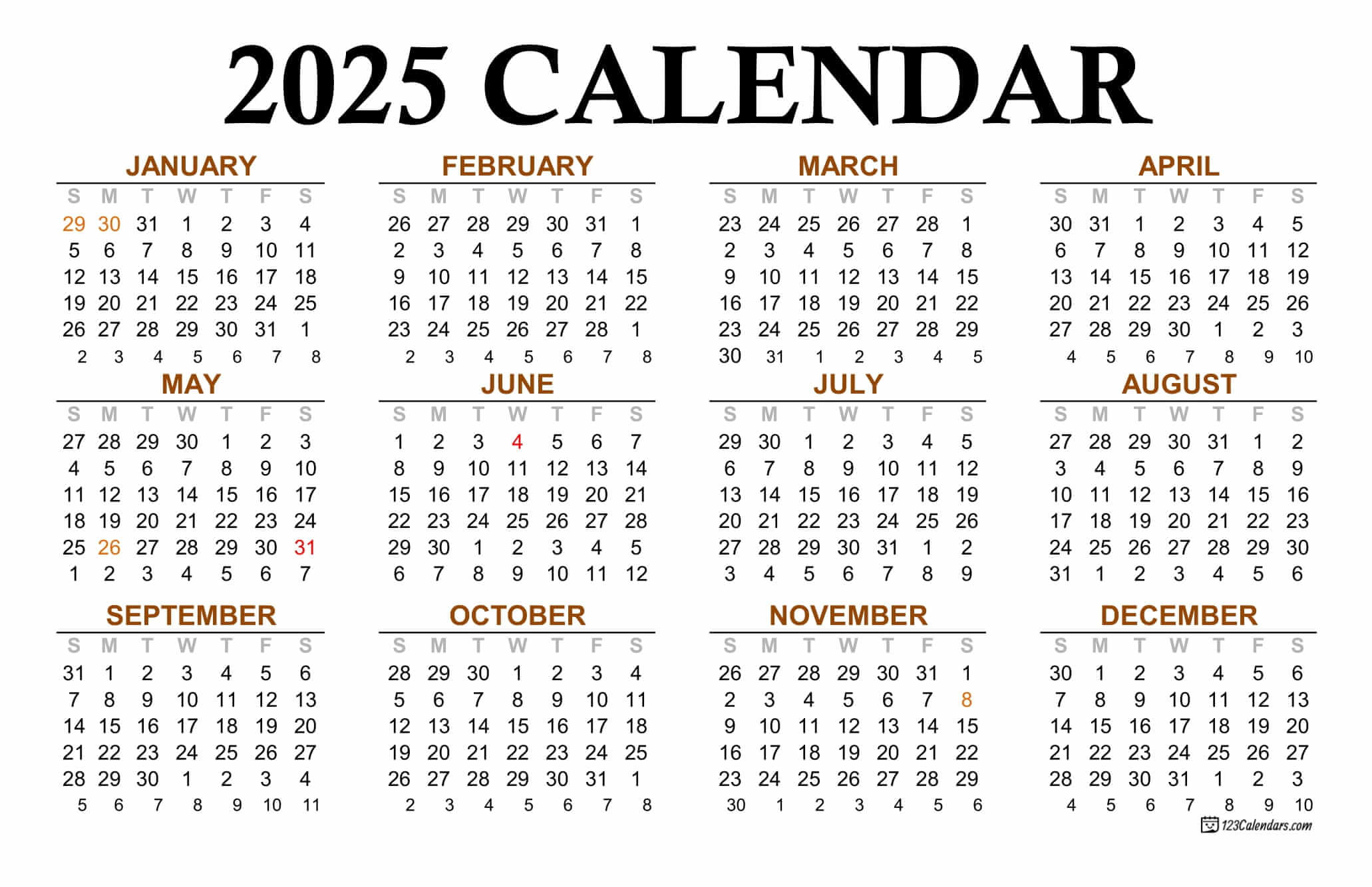 Year 2025 Calendar Templates | 123Calendars | Annual Calendar 2025 Printable