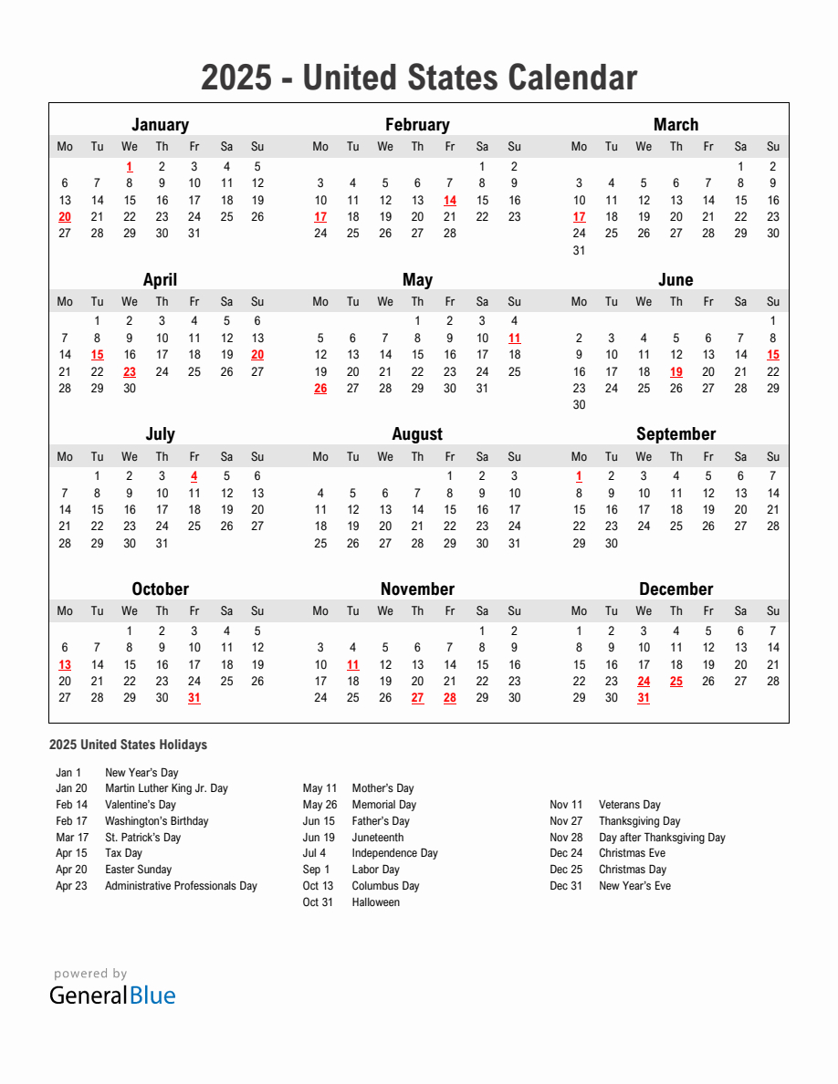 Year 2025 Simple Calendar With Holidays In United States | Calendar 2025