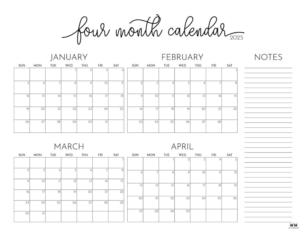 2025 Four Month Calendars - 31 Free Printables | Printabulls | Calendar 2024