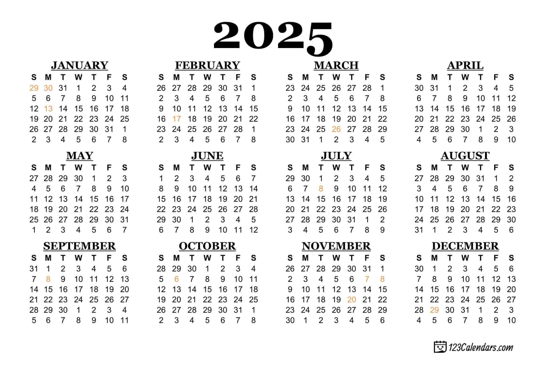 2025 Printable Calendar | 123Calendars | February 2025 Calendar 123calendars