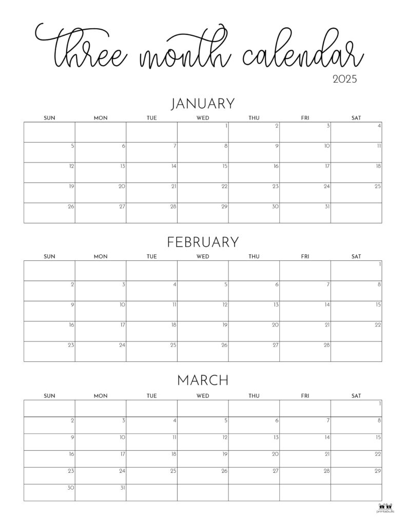 2025 Three Month/Quarterly Calendars - 36 Free Cals | Printabulls | Printable 3 Month Calendar December January February 2025