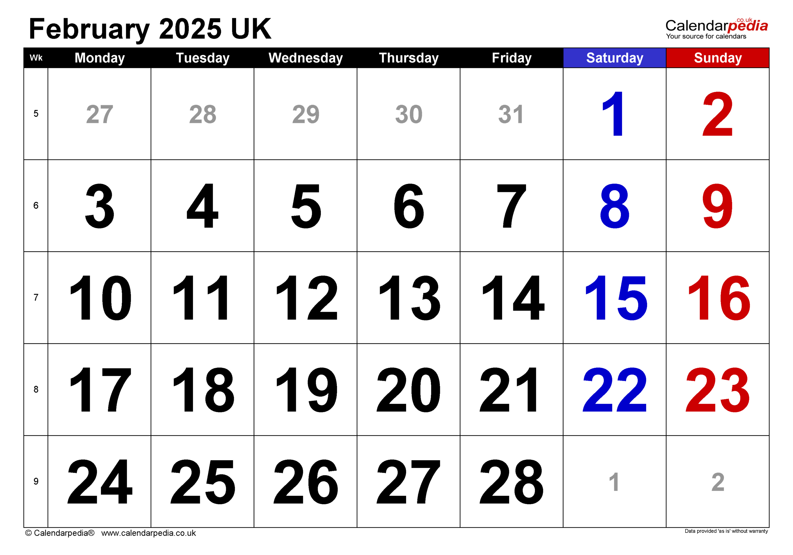 Calendar February 2025 Uk With Excel, Word And Pdf Templates | 2025 Calendar February