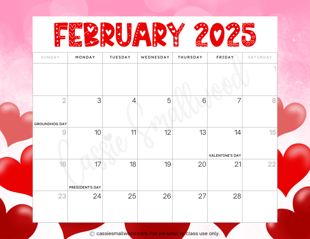 Cute 2025 Free Printable Monthly Calendars - Cassie Smallwood | February 2025 Calendar Printable With Holidays