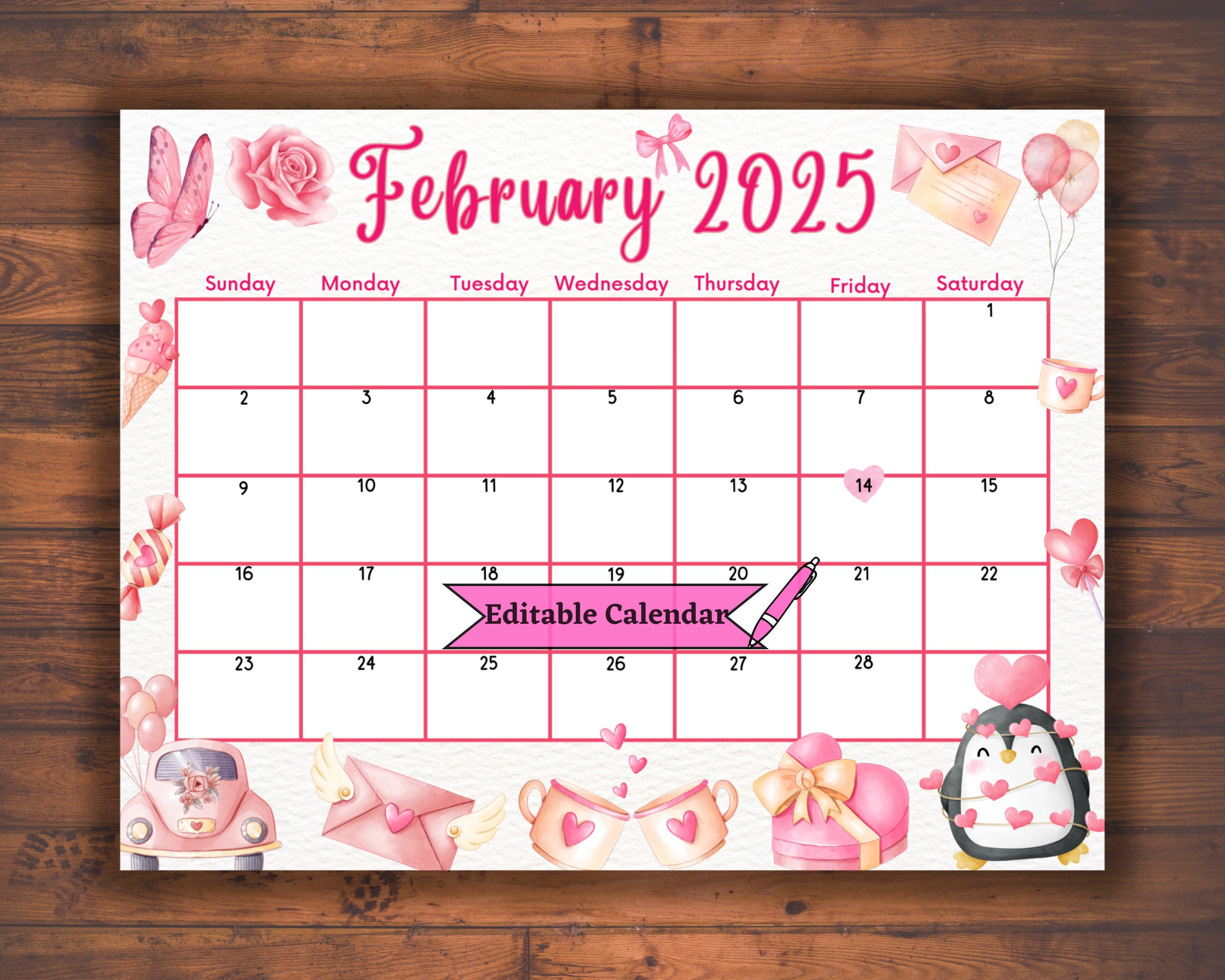 Editable Fillable February 2025 Calendar For Valentines Day | Calendar Ideas For February 2025