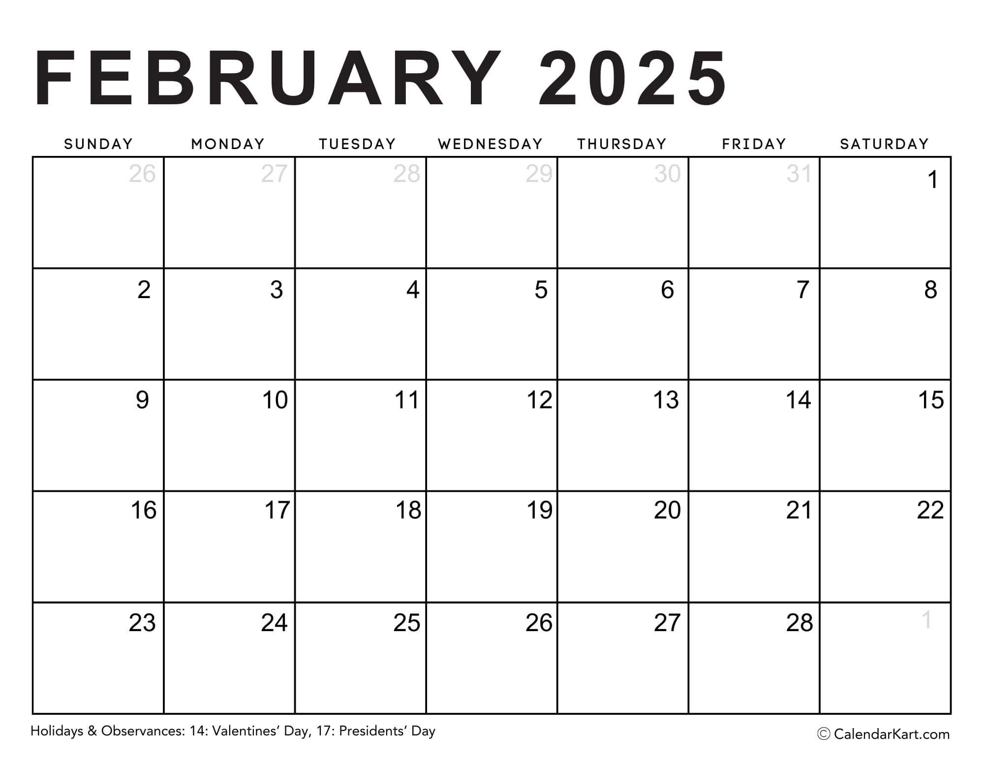 Editable Printable Calendars 2025 - Typeable Pdf - Calendarkart | Editable Calendar February 2025