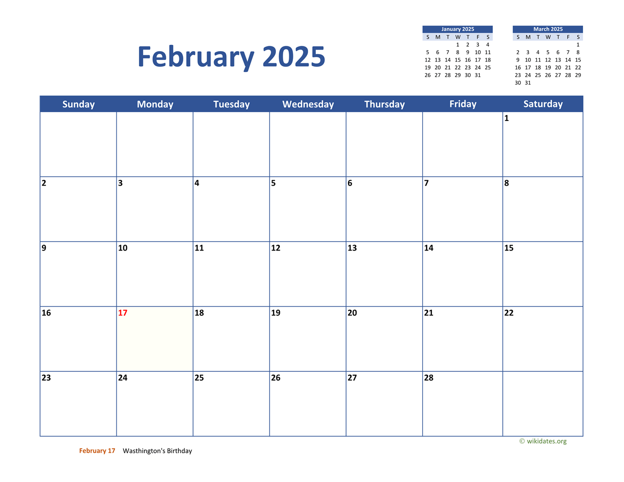 February 2025 Calendar Classic | Wikidates | Wiki Calendar February 2025