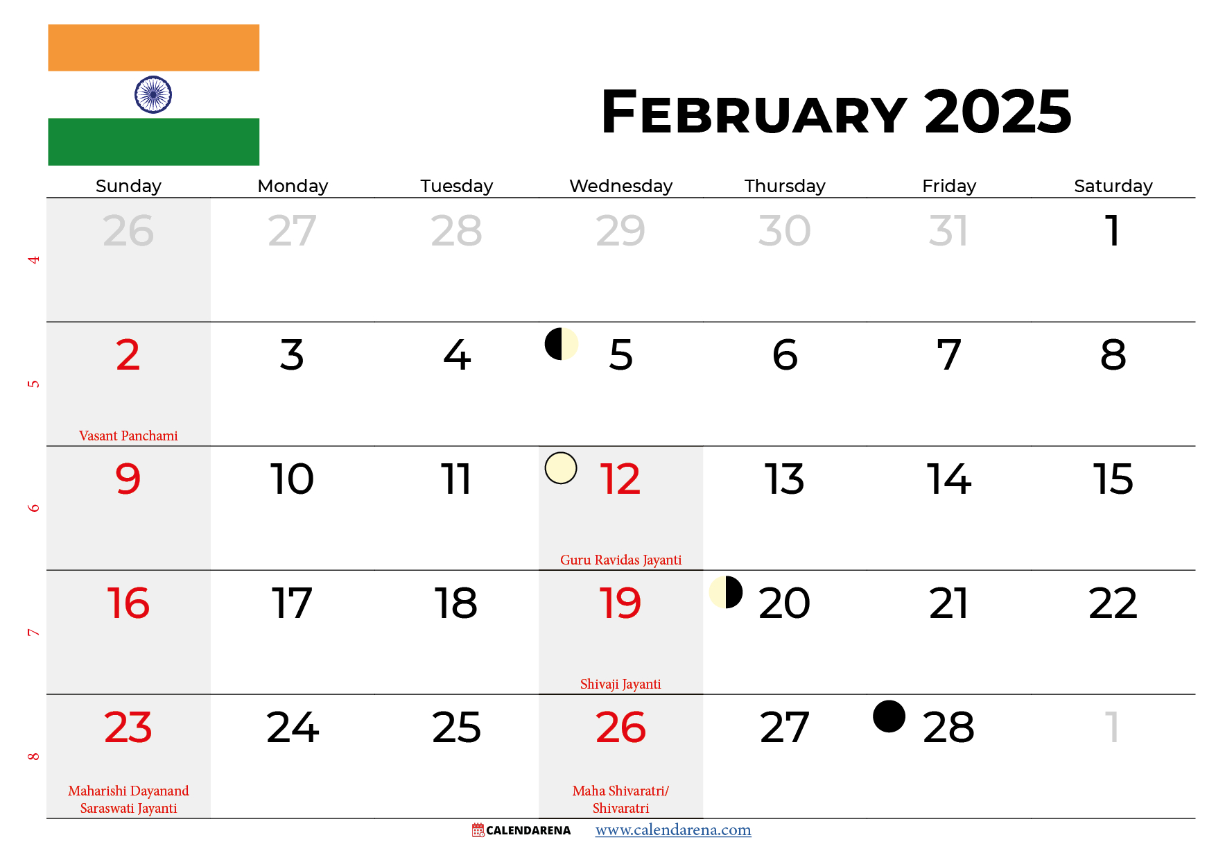 February 2025 Calendar India | 2025 Calendar February Month