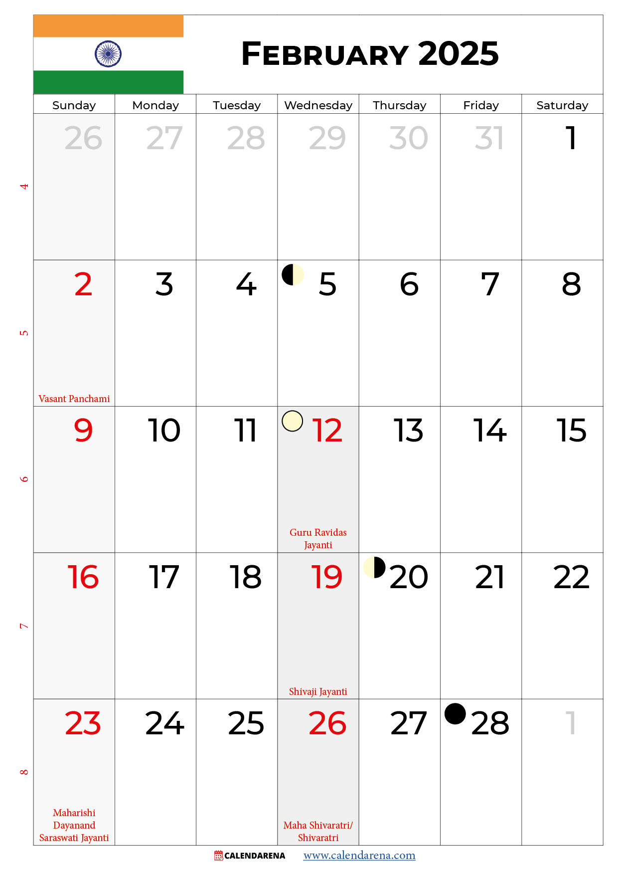 February 2025 Calendar India | Calendar February Month 2025