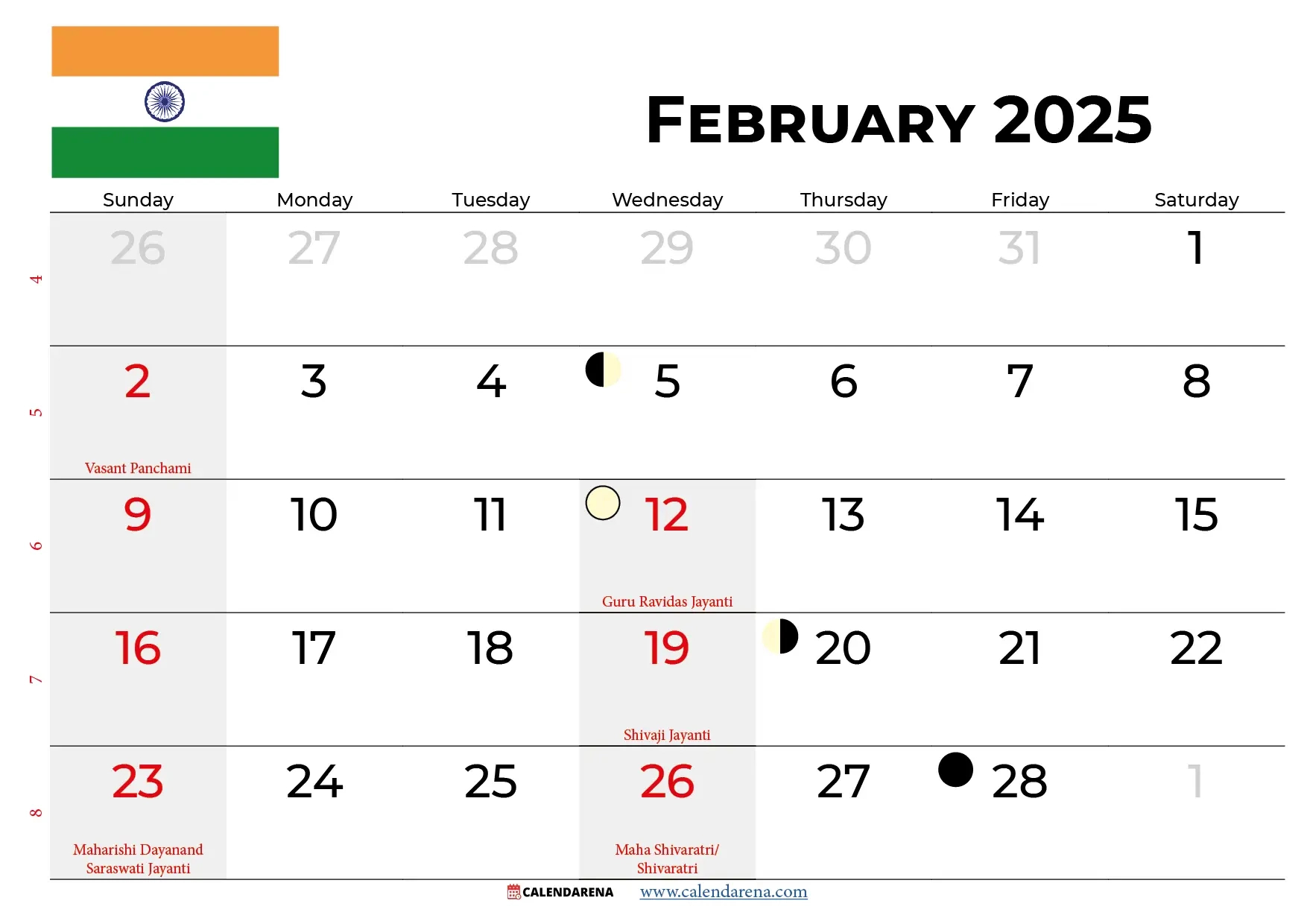 February 2025 Calendar India | February 2025 Calendar Holidays