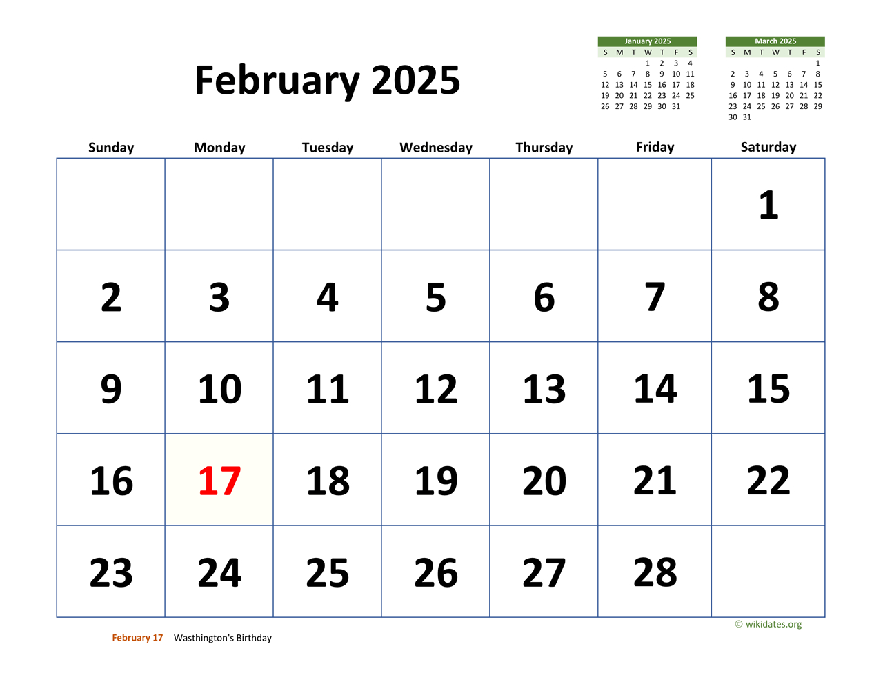 February 2025 Calendar With Extra-Large Dates | Wikidates | February 24th Calendar 2025