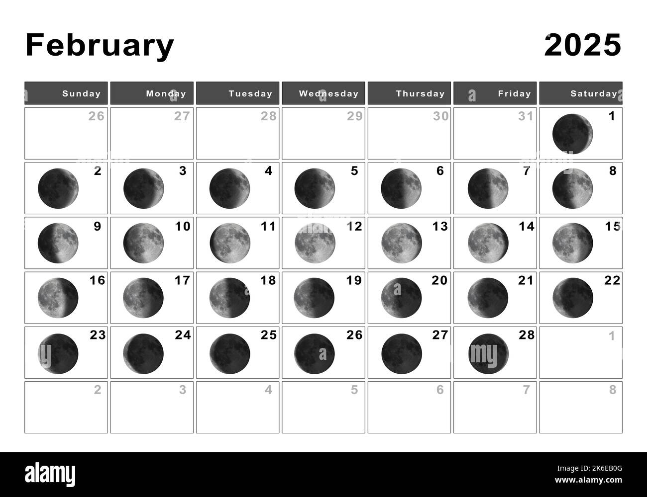 February 2025 Lunar Calendar, Moon Cycles, Moon Phases Stock Photo | February 2025 Moon Calendar