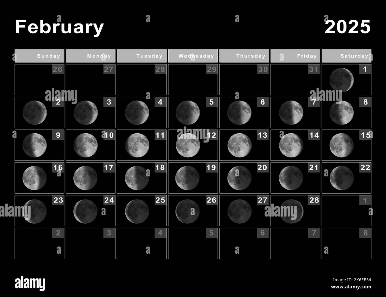 February 2025 Lunar Calendar, Moon Cycles, Moon Phases Stock Photo | February Moon Calendar 2025