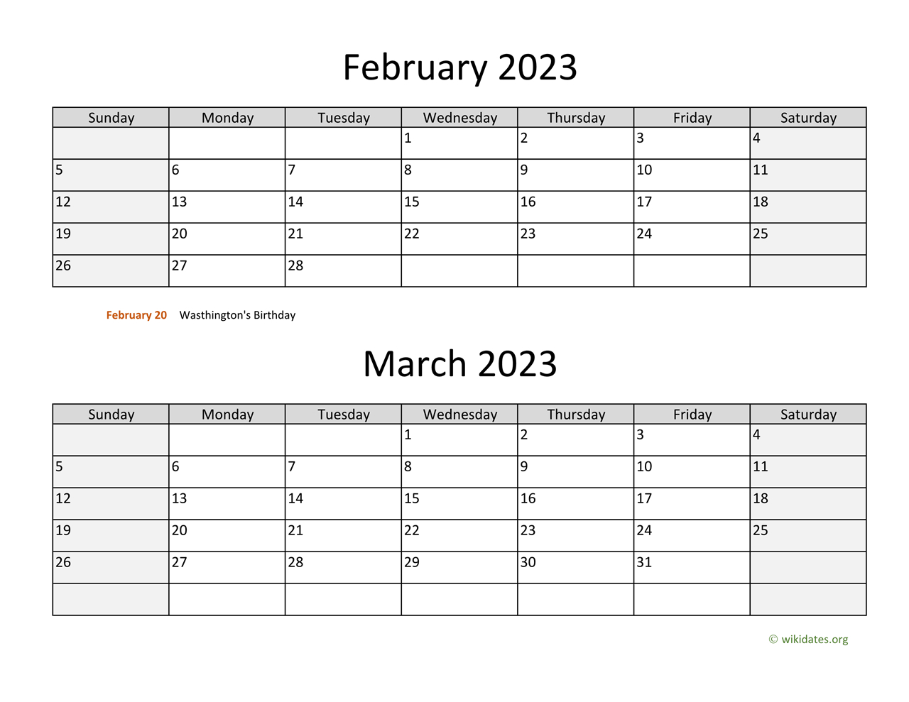 February And March 2023 Calendar | Wikidates | February and March Calendar